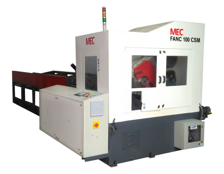 Circular Saw Machine 100 FANC CSM is available in numerically controlled fully automatic versions. The machine provide vibration free cutting that optimize production and blade life. Easy operation, long lasting life and high authenticity are the unique features of machines. It is a high productive, accurate and compact machine and has a high rate of production at comparatively low investment.FEATURES-Torsion free construction of Heavy duty Fabricated Structure of Machine.Infinitely variable controlled cutting feed.Cutting feed through Ball Screw Servo motor and VFD for Variable cutting speed.Rapid approach (reference) movement of Cutting Head by Ball Screw Servo motor.Indexing of job through Ball Screw Servo motor arrangement.Auto return of cutting head after completion of cut.Auto and manual mode for cycle sequence.Hydraulic Operated job clamping horizontal Vice.Heavy duty reduction Gearbox for heavy cutting torque mounted on linear guide ways for vibration free cutting to optimize cutter life & production.Inbuilt flood coolant tank and micro mist cooling arrangement.Inbuilt Hydraulic Power pack with easy check & maintenance.Electrical Control Panel with quality switch-gearsThe saw motor speed is controlled with A.C. frequency drive.Angular Saw stroke, optimized to achieve the shortest stroke of the Saw.Driver brushes for cleaning of chips from circular blades Automatic trim Cut.Cut of length measured by PLC Using Servo Drive arrangement.PLC Control system with Touch Screen HMI.Auto Lubrication pump.TECH SPECIFICATIONS-Cutting Capacity (MM) 25 – 100 mm (Round)Cutter Type TCT / HSSCutter Size (MM) 315 & 420 x 2.5 mmSaw Motor (H.P.) 20.0 HPHydraulic Motor (H.P.) 2.0 HPCoolant Motor (H.P.) 0.15 HPJob Clamping HydraulicHydraulic Reservoir (Ltr) 90 Ltr.Electrical Control Through PLC Panel