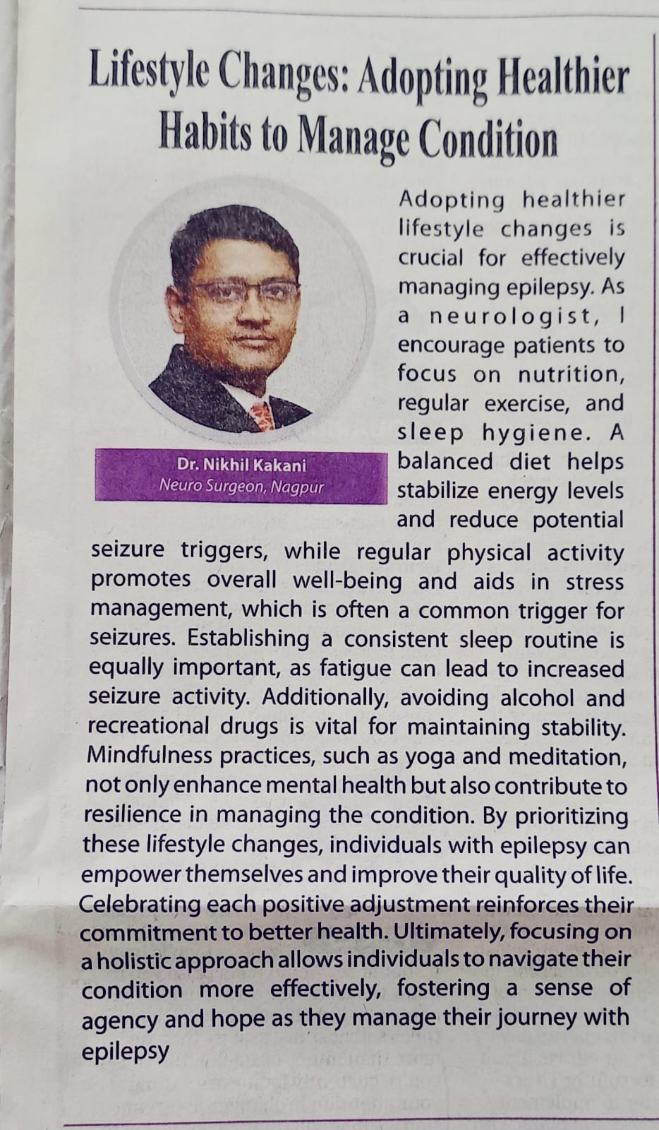 My article inTimes of India for Epilepsy Convulsio... main image
