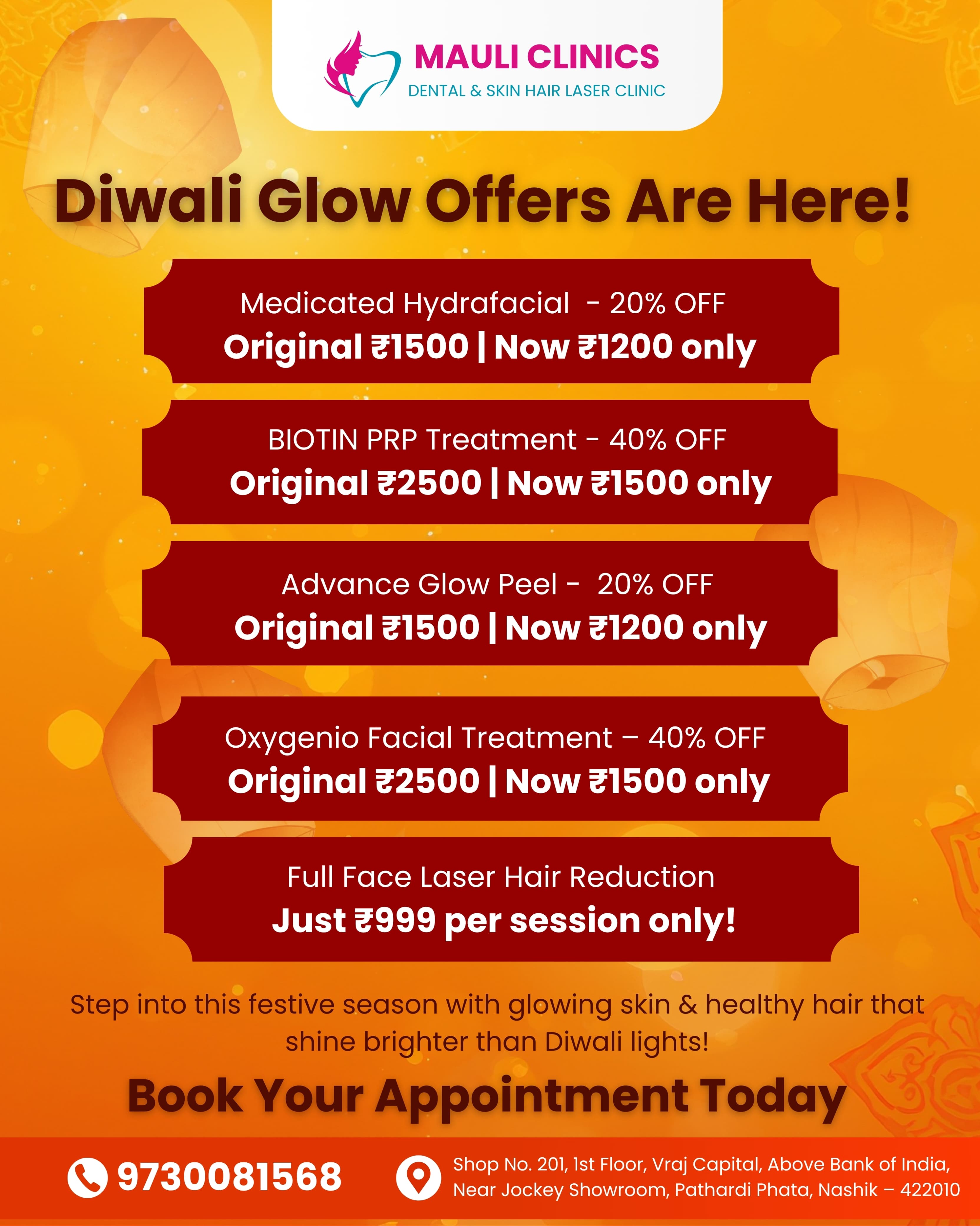 Best Diwali Offers on Cosmetic Treatments in the nasik at Mauli skin-Hair-Laser and Advance Dental C main image