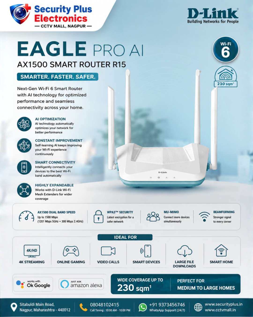 D-Link EAGLE PRO AI AX1500 Dual Band Smart Wi-Fi 6 Router – Smarter, Faster & More Reliable Connecti