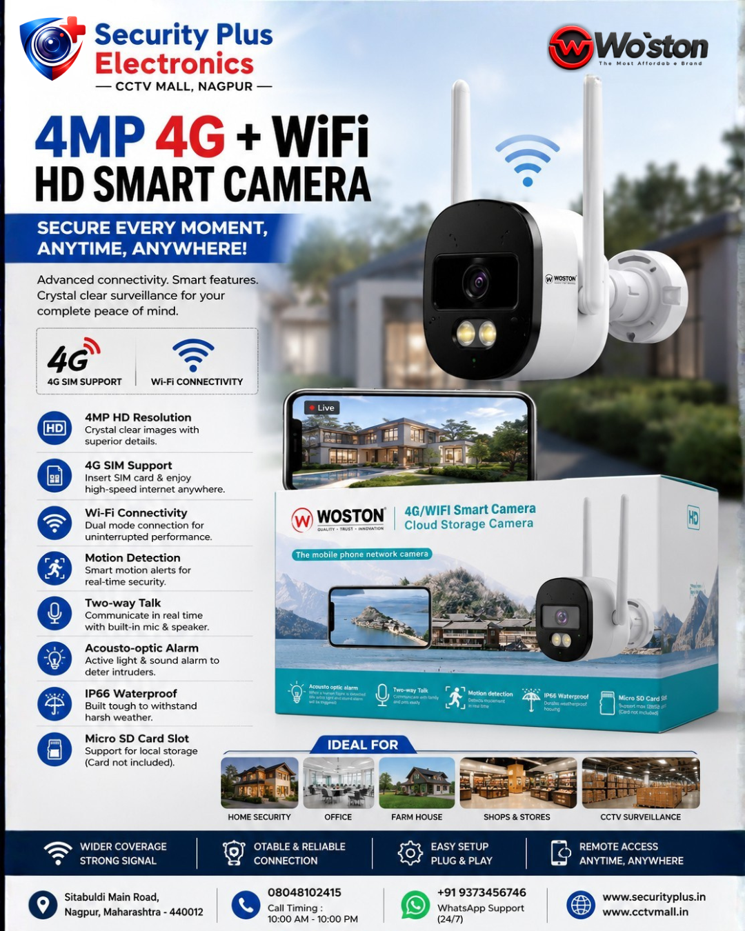 Woston 4G 4MP Camera – Indoor & Outdoor Wireless Camera with 4G & Wi-Fi Connectivity