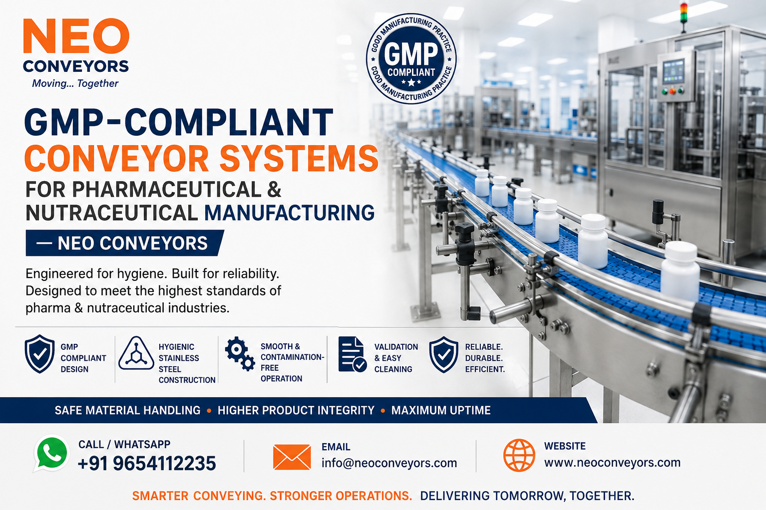 GMP-Compliant Conveyor Systems for Pharmaceutical & Nutraceutical Manufacturing — Neo Conveyors