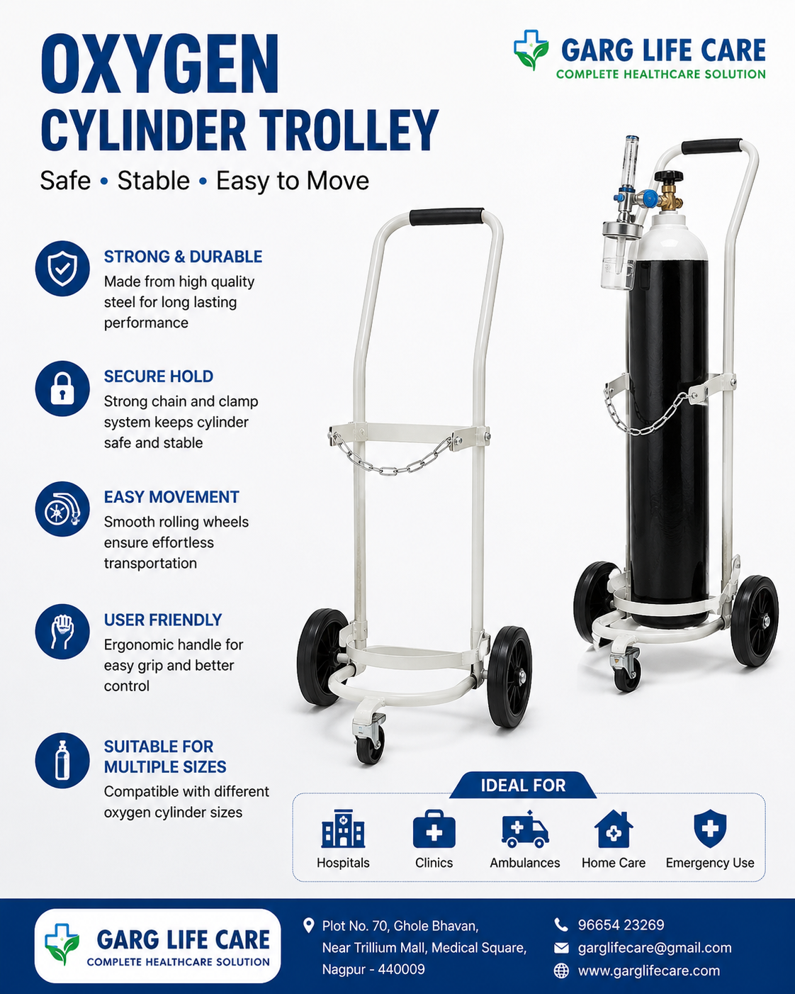 Oxygen Cylinder Trolley – Garg Life Care Nagpur Strong & Easy-to-Use Oxygen Cylinder Trolley