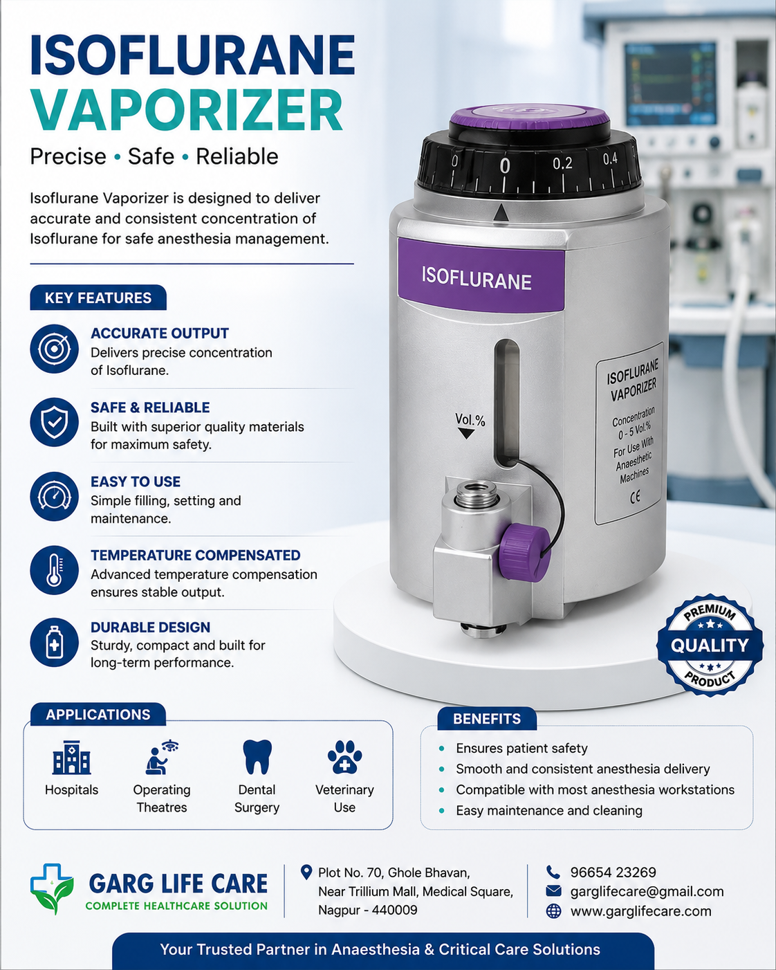 soflurane Vaporizer in Nagpur – Garg Life Care Precision Isoflurane Vaporizer for Anaesthesia Delive