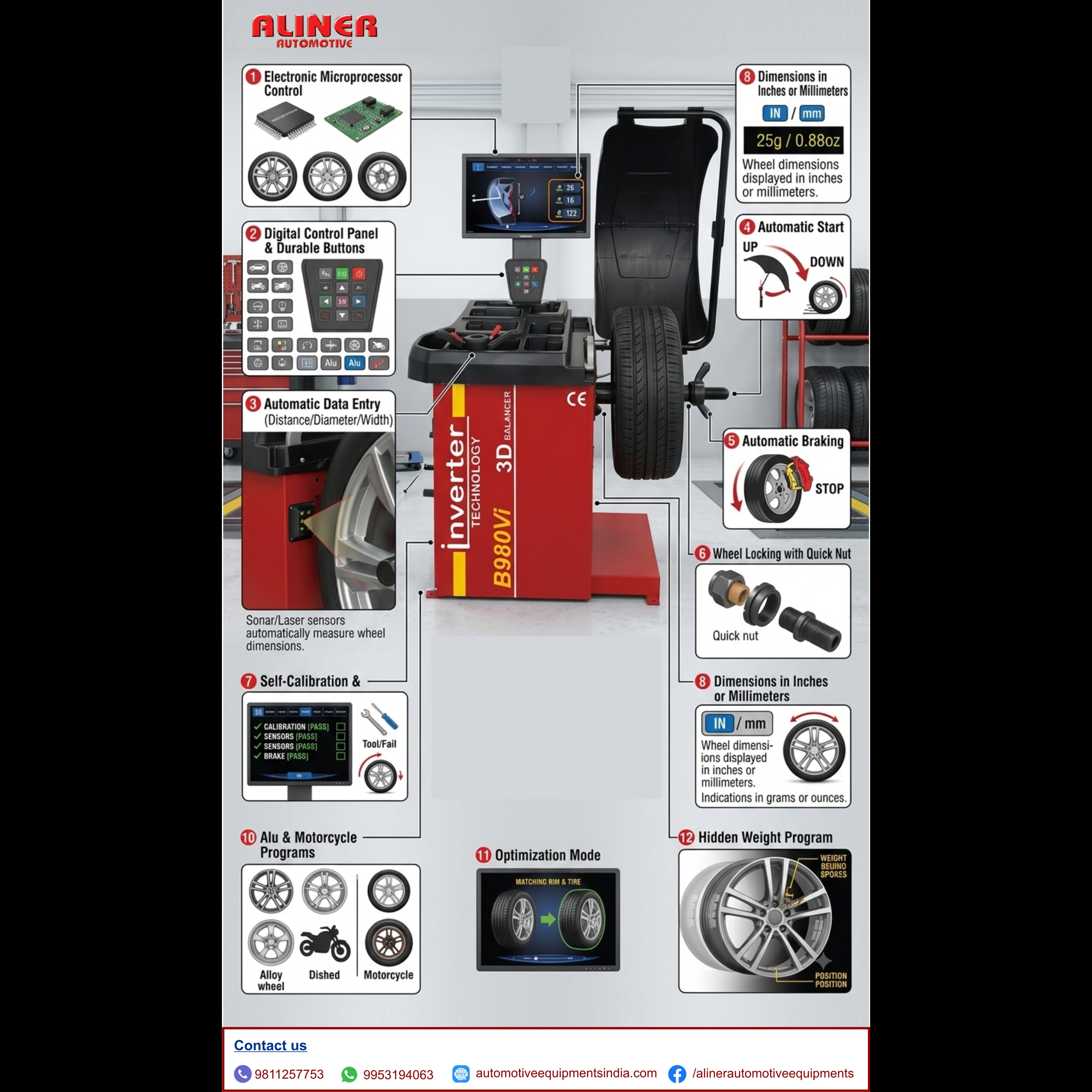 TECHNICAL FEATURES: INVERTER BASED VIDEOGRAPHIC 3D WHEEL BALANCER WITH SONAR SENSOR, WHEEL BALANCER