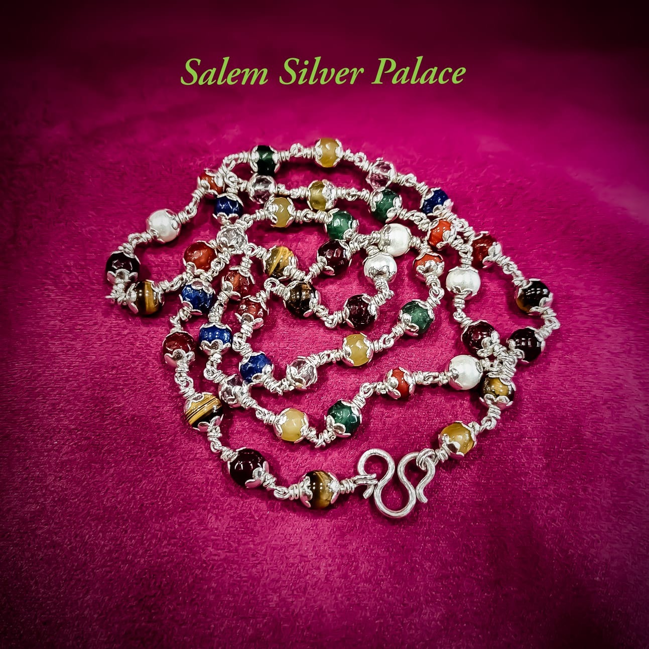 Silver Navaratnam Maalai with Silver caps and Knots
Hand crafted Traditional Silver Jewellery at Si...