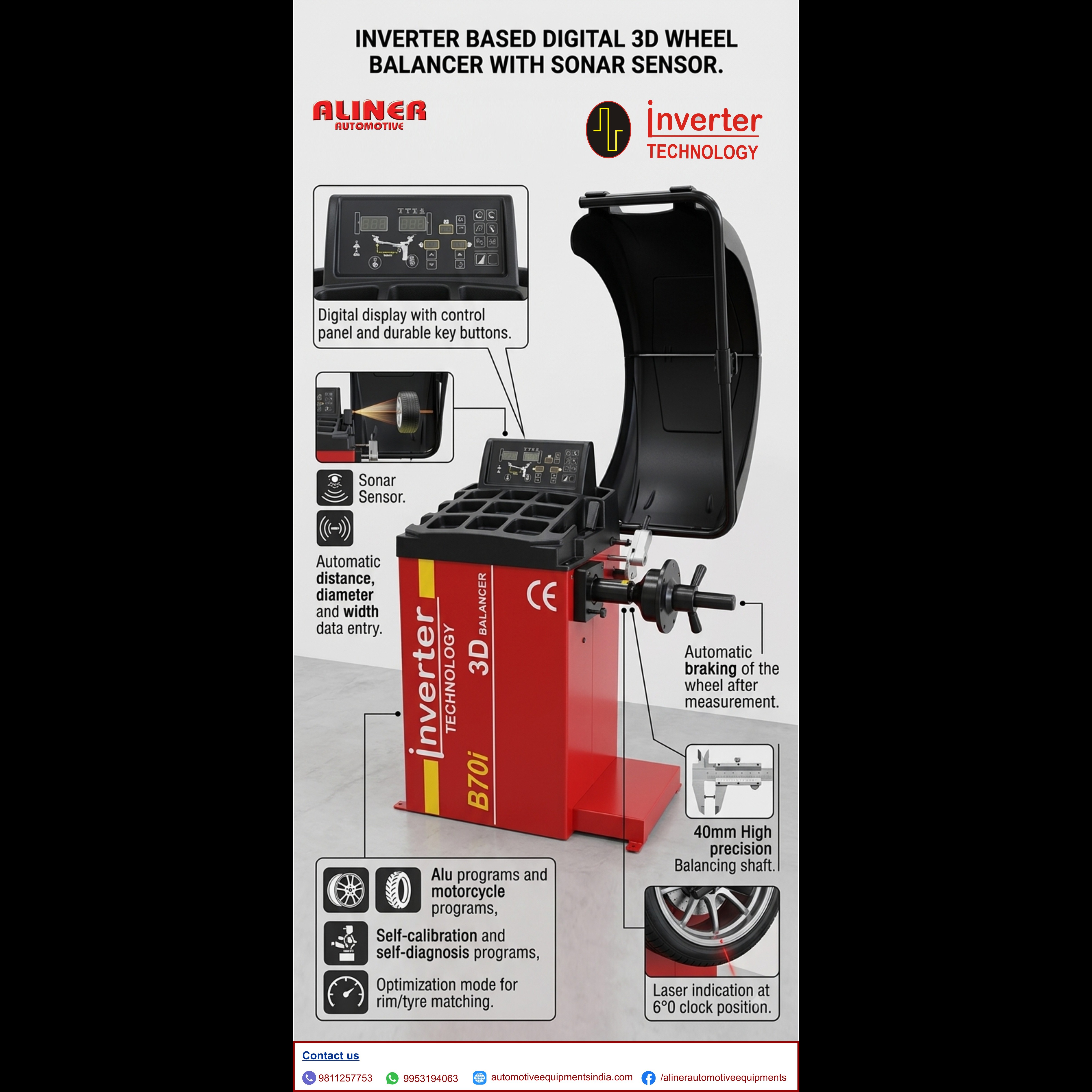 TECHNICAL FEATURES: INVERTER BASED DIGITAL 3D WHEEL BALANCER WITH SONAR SENSOR, WHEEL BALANCER
