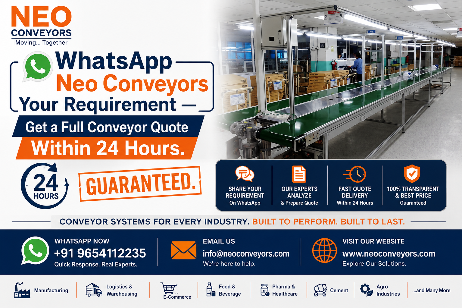 WhatsApp Neo Conveyors Your Requirement — Get a Full Conveyor Quote Within 24 Hours. Guaranteed