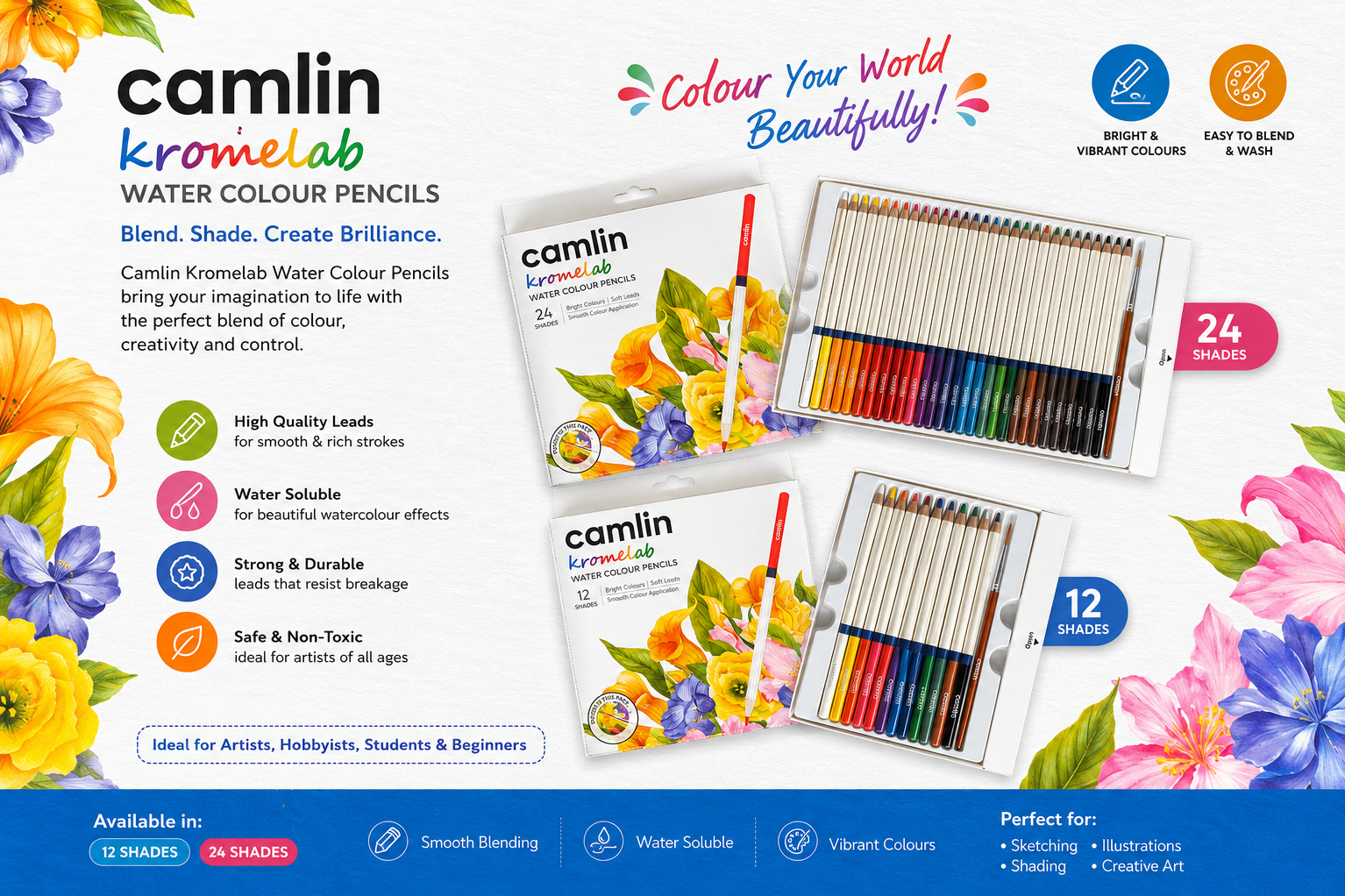 Camlin Kromelab Water Colour Pencils Assorted Pack – 12 / 24 Shades