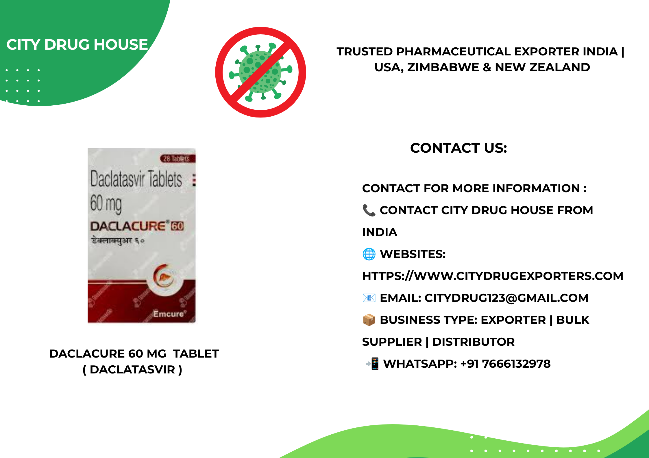 Daclacure 60 mg Tablet | Global Pharma Export & Supply to USA, Zimbabwe & NZ | City Drug