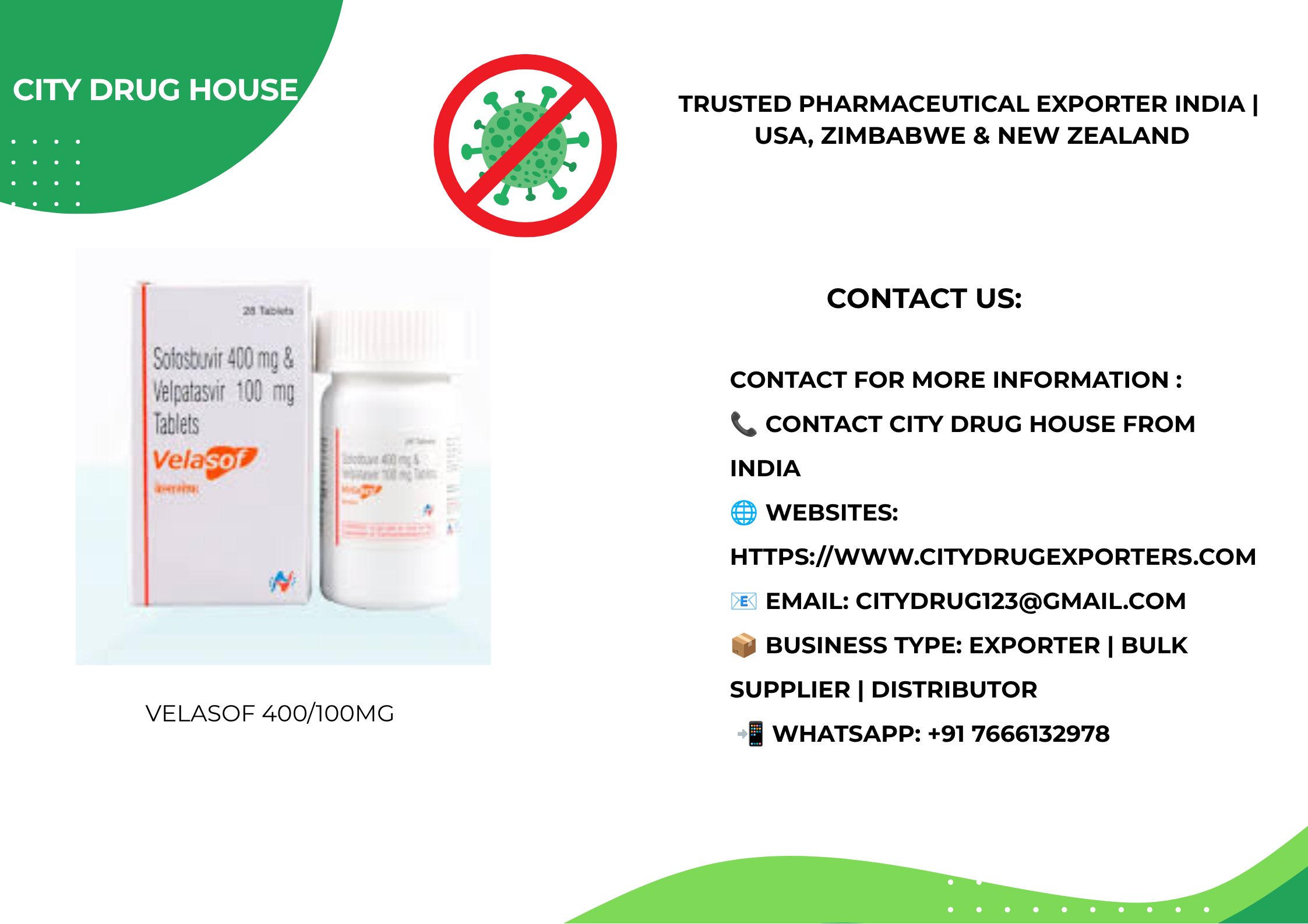 Velasof 400/100mg Global Sofosbuvir 400 mg and Velpatasvir 100 mg Supplier | India