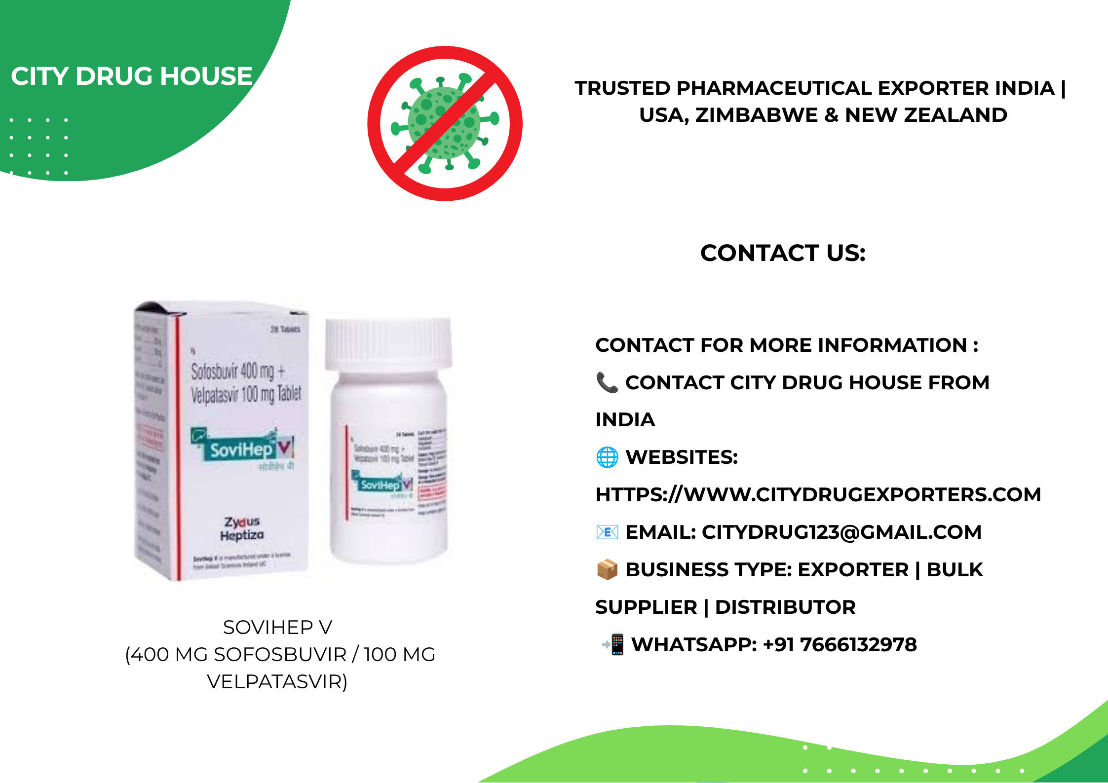 Sovihep V | 400 mg sofosbuvir / 100 mg velpatasvir Exporter from India | USA, NZ & Zimbabwe