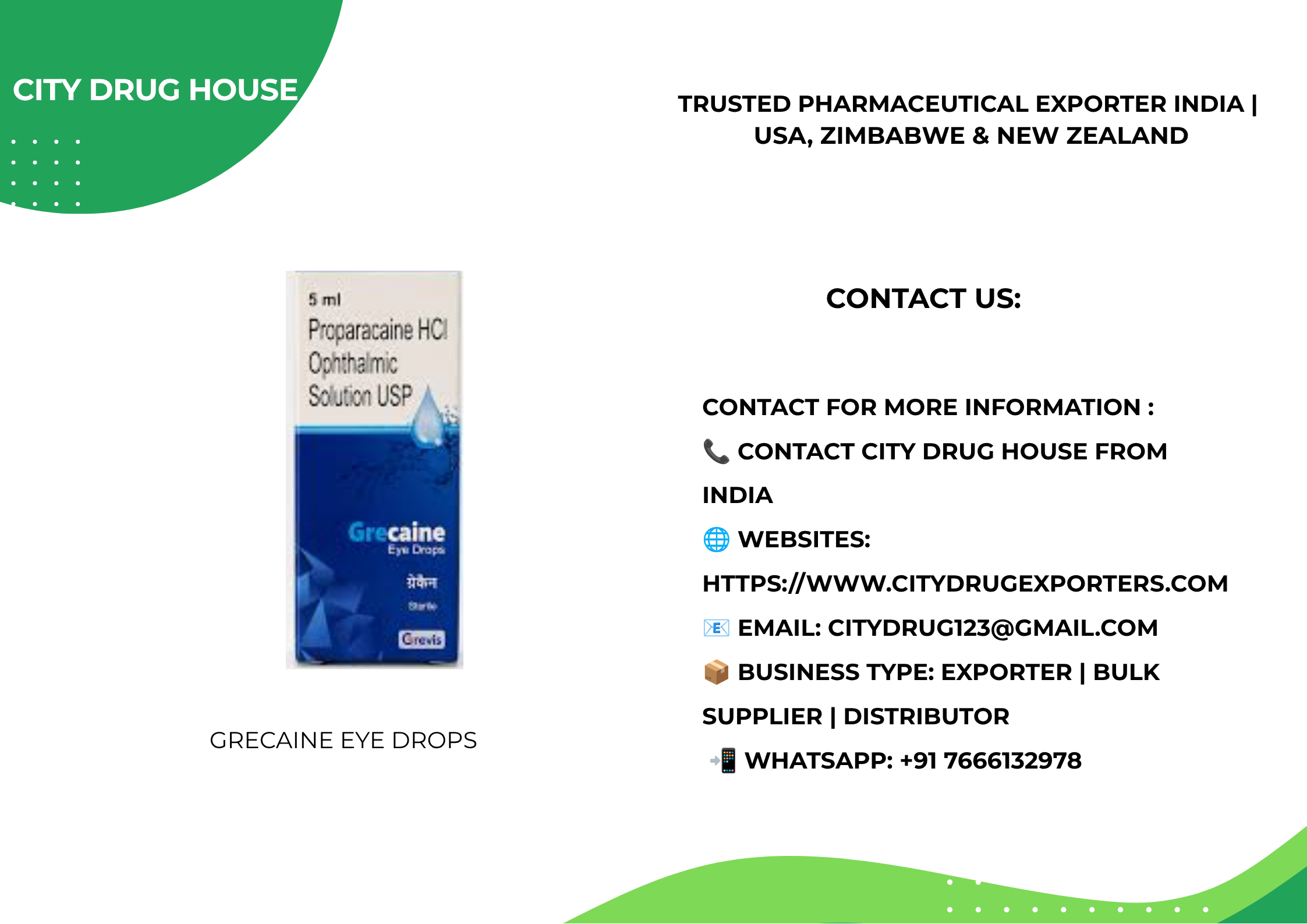 Grecaine Eye Drops Exporter to USA, NZ & Zimbabwe | City Drug House