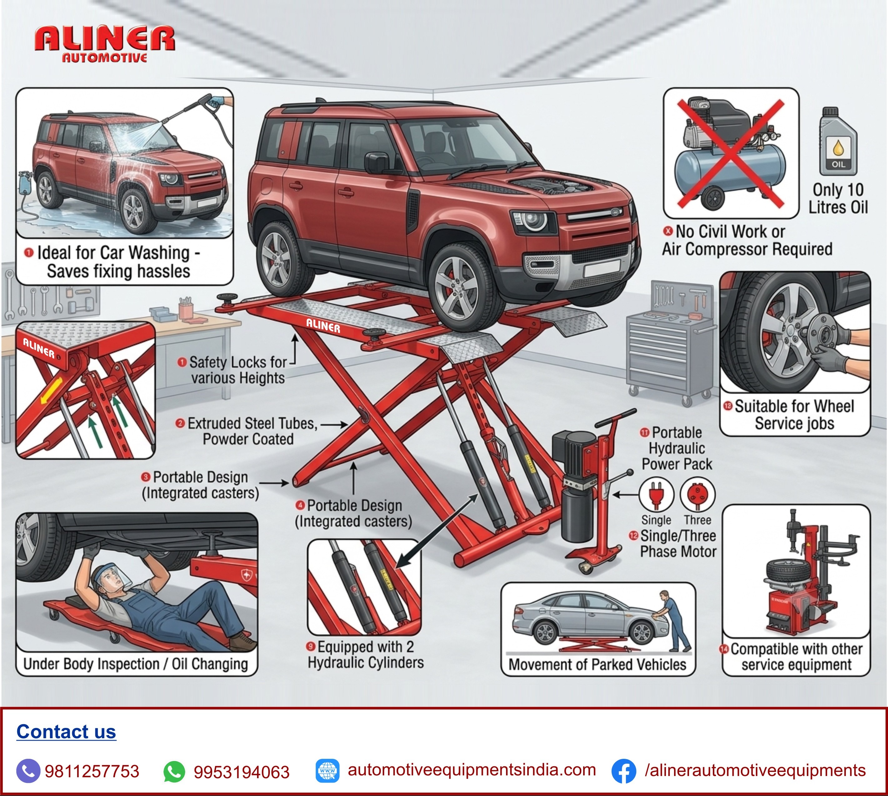 TECHNICAL FEATURES : SCISSOR LIFT, CAR WASHING LIFT, CAR WASHING LIFT, TWO POST LIFT, FOUR POST LIFT
