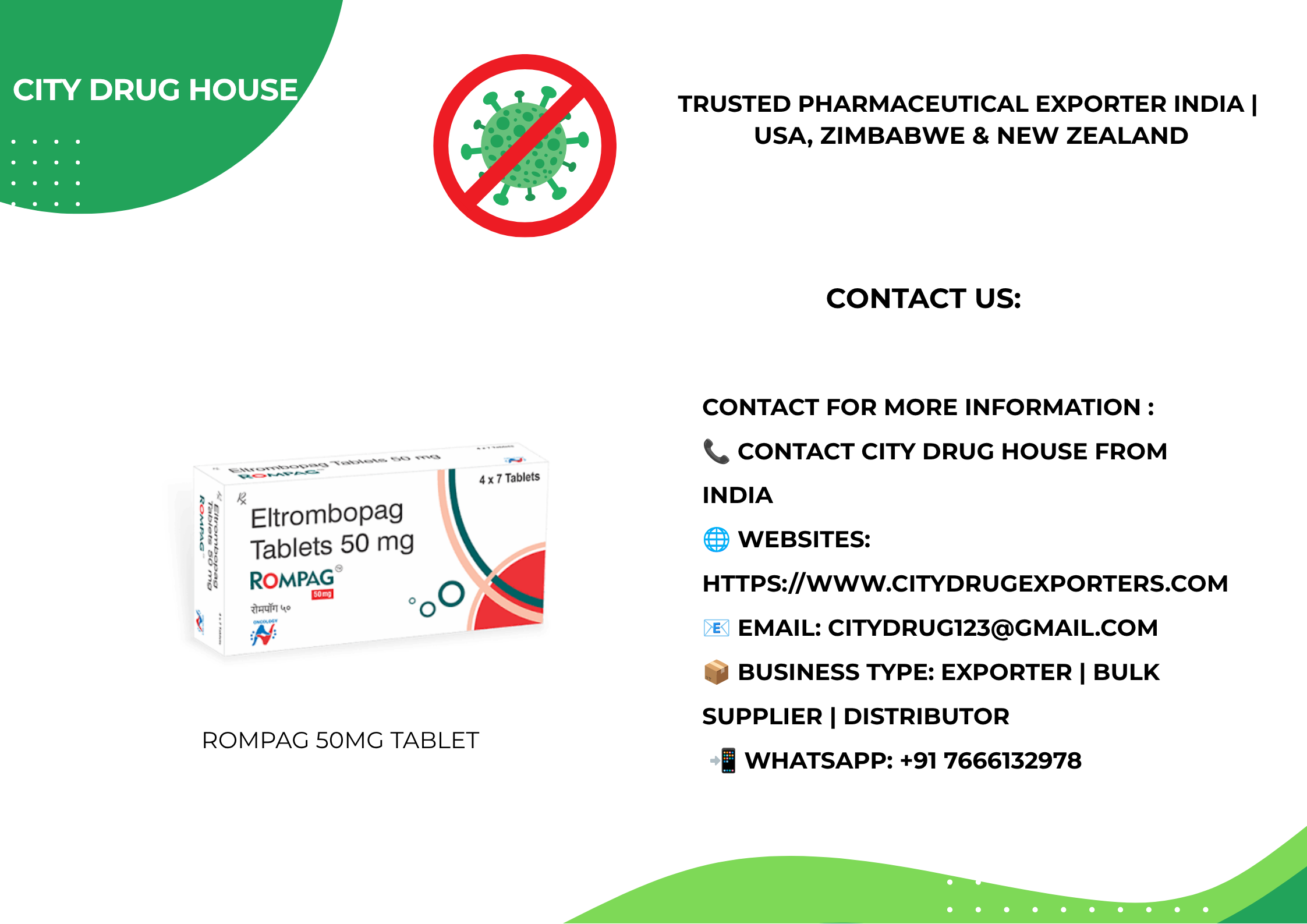 Rompag 50mg Tablet Exporter to USA, NZ & Zimbabwe | City Drug House