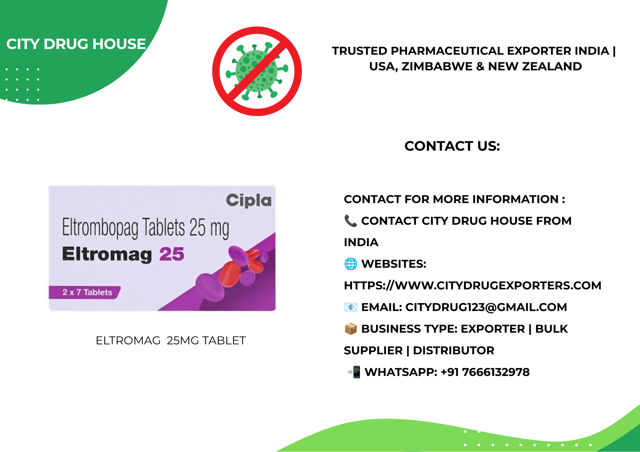 Eltromag 25mg Tablet Exporter to USA, NZ & Zimbabwe | City Drug House