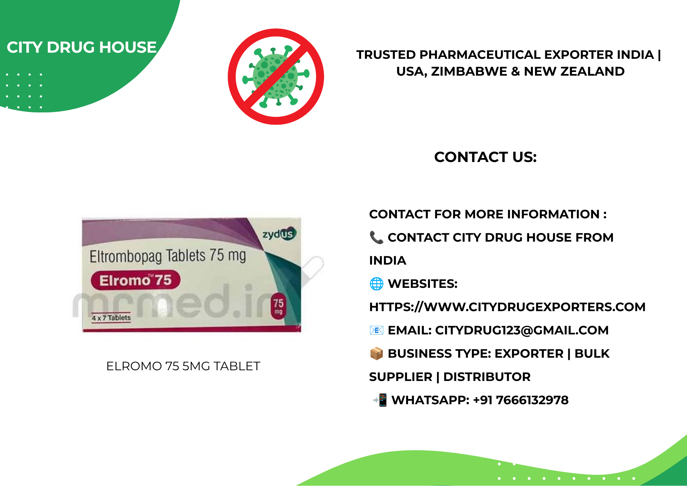 Elromo 75 Tablet Exporter to USA, NZ & Zimbabwe | City Drug House
