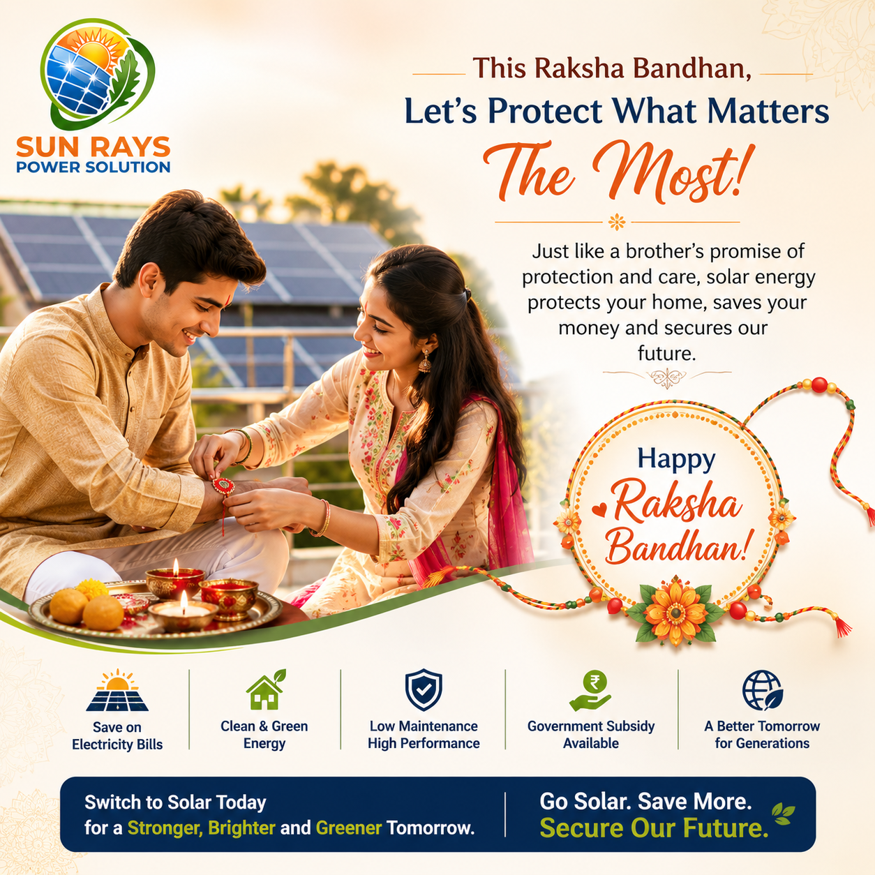 ☀️🪢 This Raksha Bandhan, protect your loved ones and their future with the power of the sun! 💚⚡
