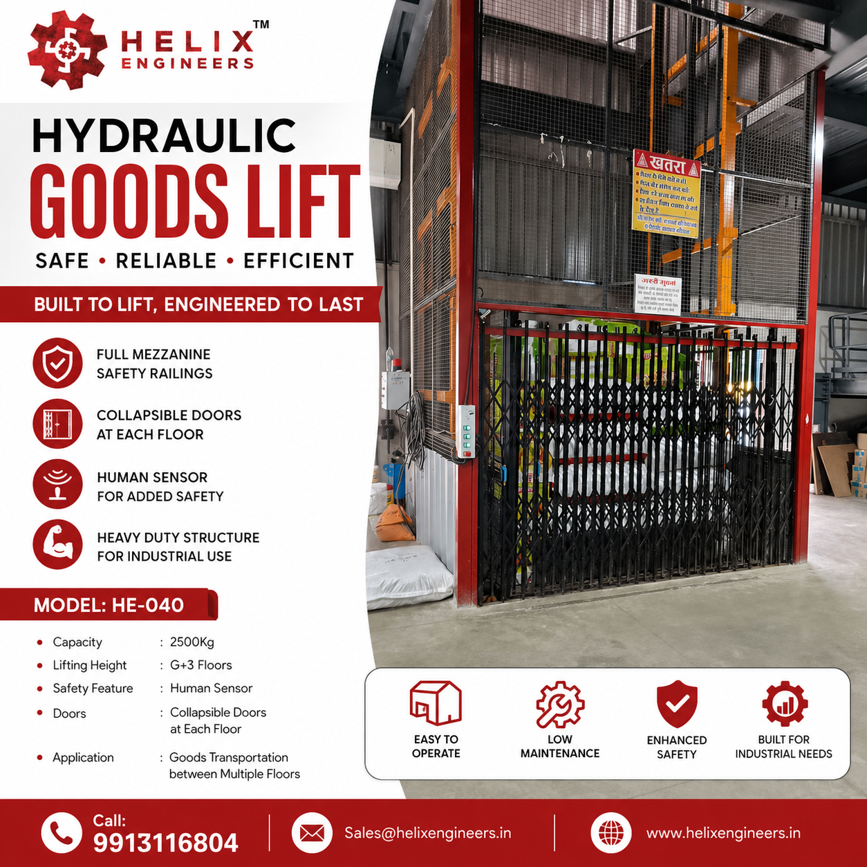 01 Ton Hydraulic Goods Lift Manufacturer & Supplier in India – Helix Engineers