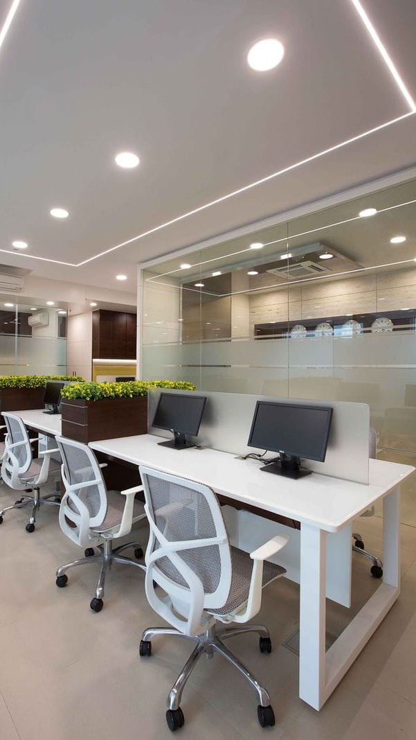 Elegant White Office Workstations with Planter Dividers