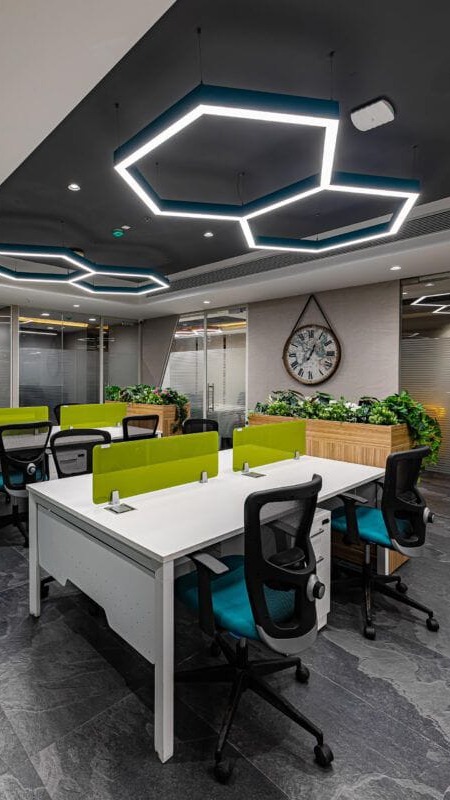 Contemporary Office Workstations with Hexagonal LED Ceiling Lights