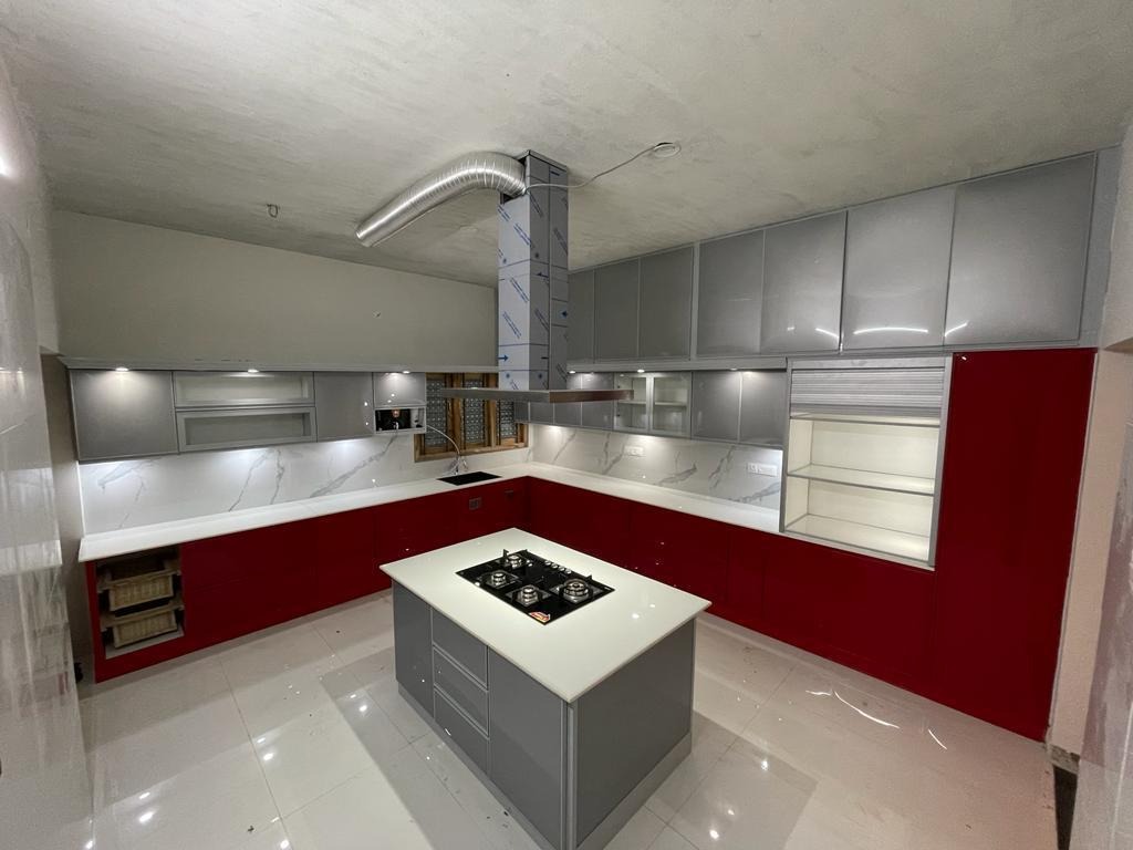 Contemporary U Shaped Kitchen with Red and Grey Modular Cabinets
