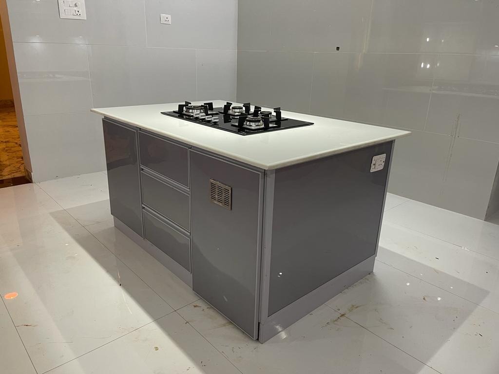 Standalone Modular Kitchen Island with Grey Cabinets and White Countertop