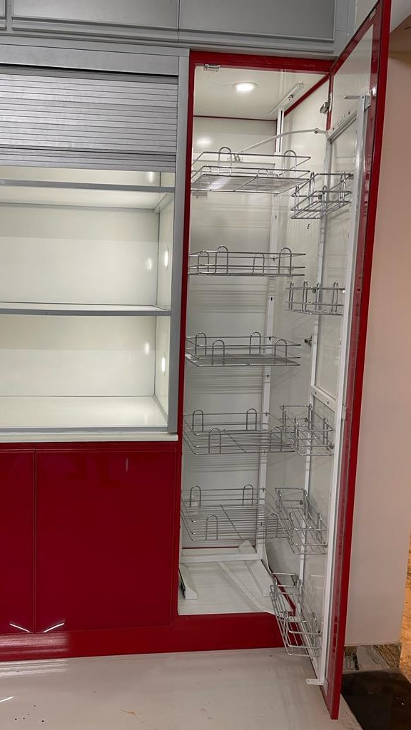 Tall Modular Kitchen Storage with Roller Shutter and Pull Out Baskets