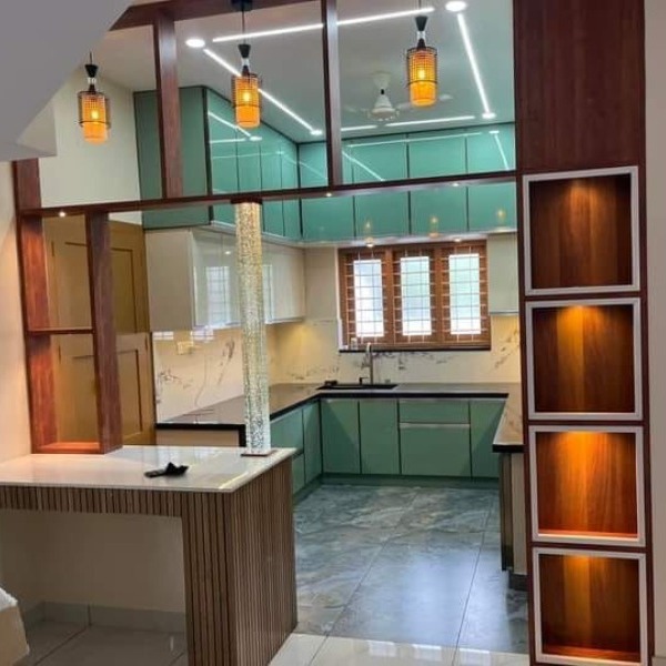 Green Glass Modular Kitchen with Wooden Partition and Breakfast Counter