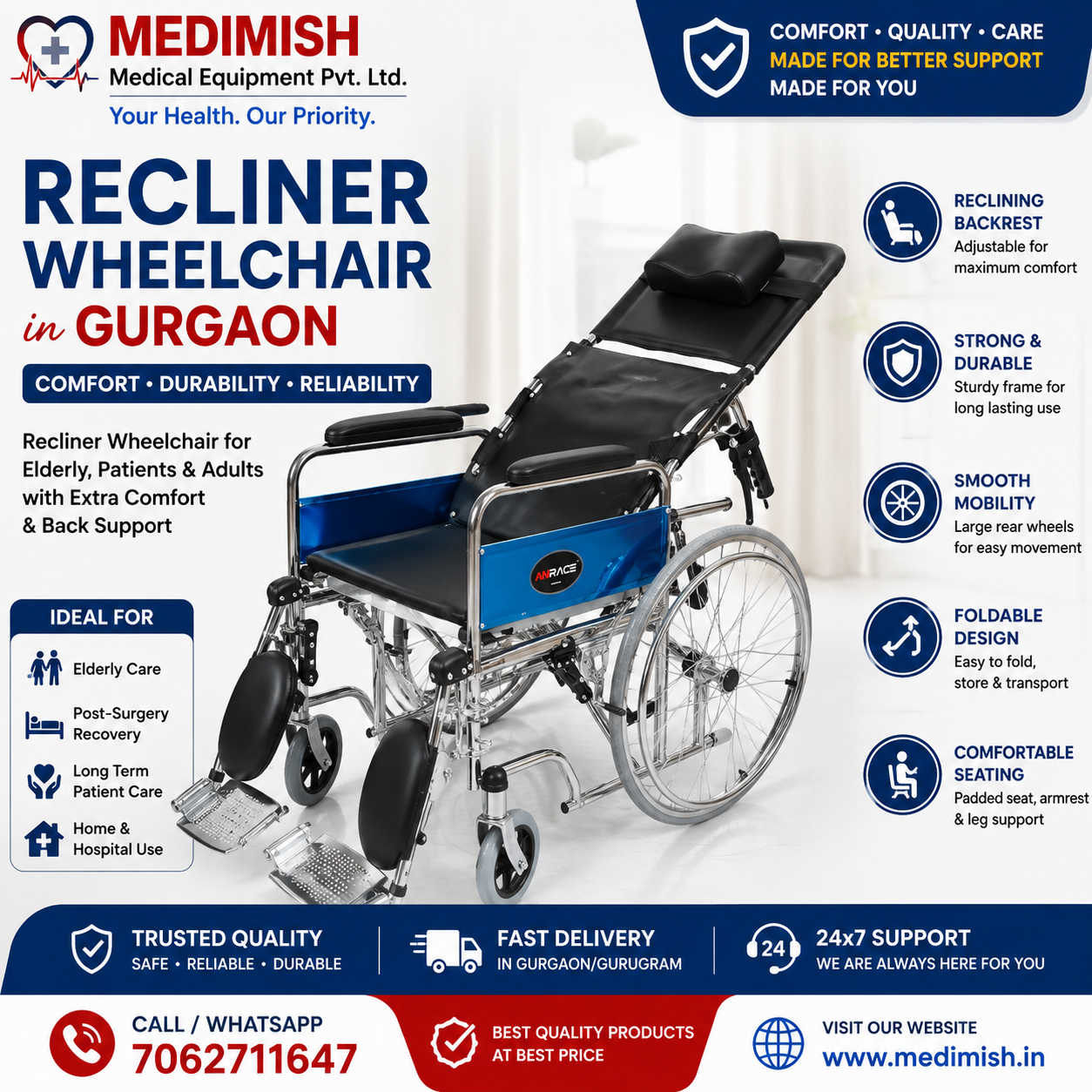 Recliner Wheelchair in Gurgaon | Comfortable Reclining Wheelchair