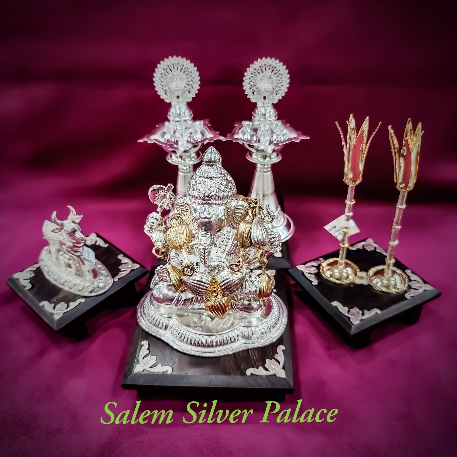 Silver Vinayakar Idols - 50gms
Silver peacock lamps - 100gms
Silver Mothaga Maalai - 50 gms
Sil...