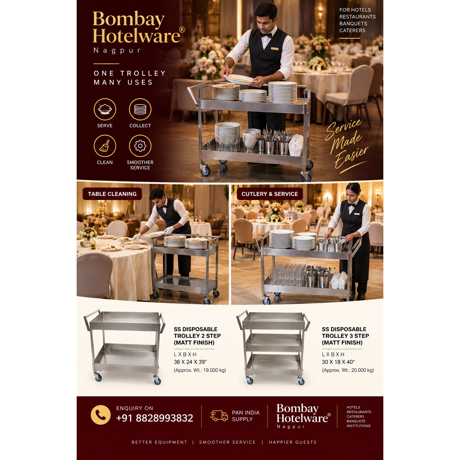 Stainless steel service trolley designed for hotels, restaurants, banquet halls, catering services.