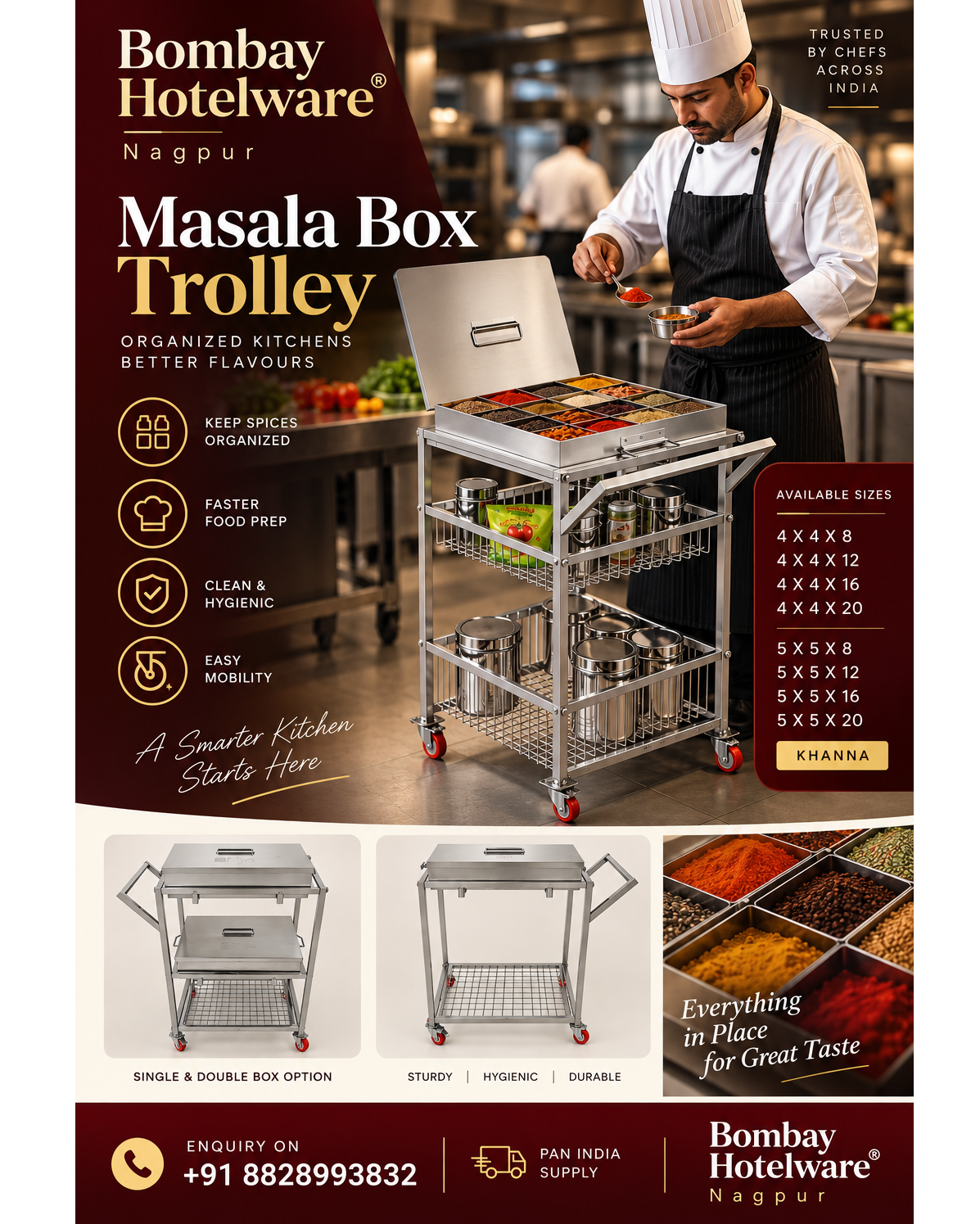SS Masala Box Trolley for hotels, restaurants, cloud kitchens, caterers and commercial kitchens.
