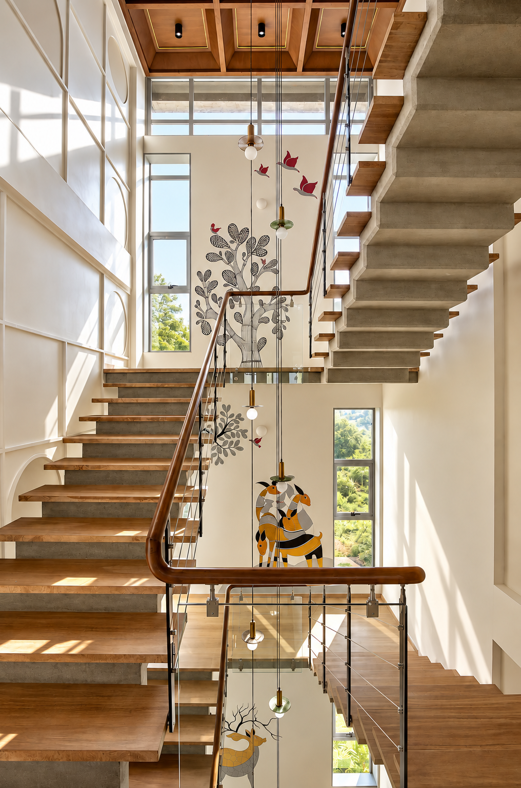 Sleek glass and metal railing staircase with artistic wall decor