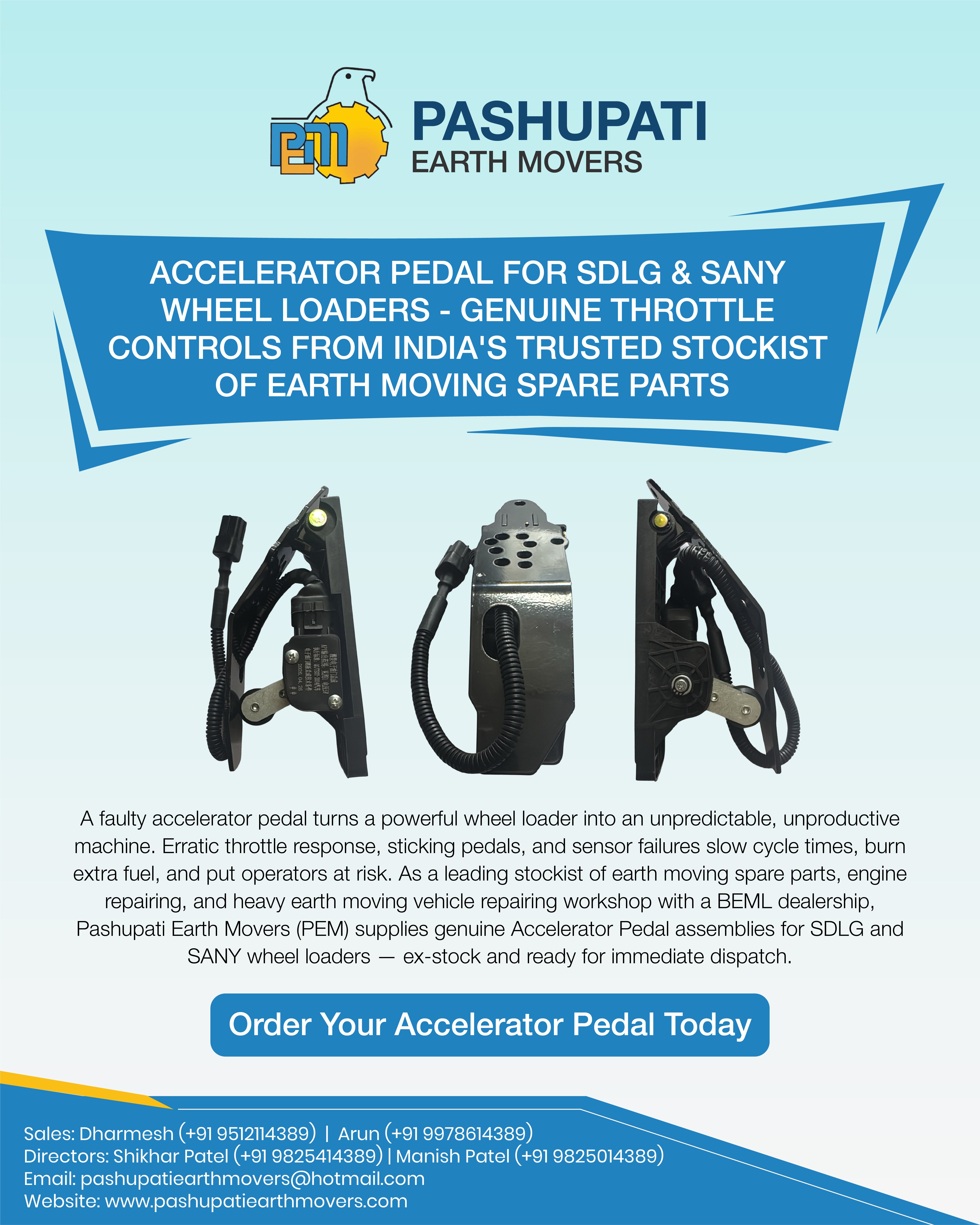 Accelerator Pedal for SDLG & SANY Wheel Loaders — Genuine Throttle Controls from India's Trusted Sto