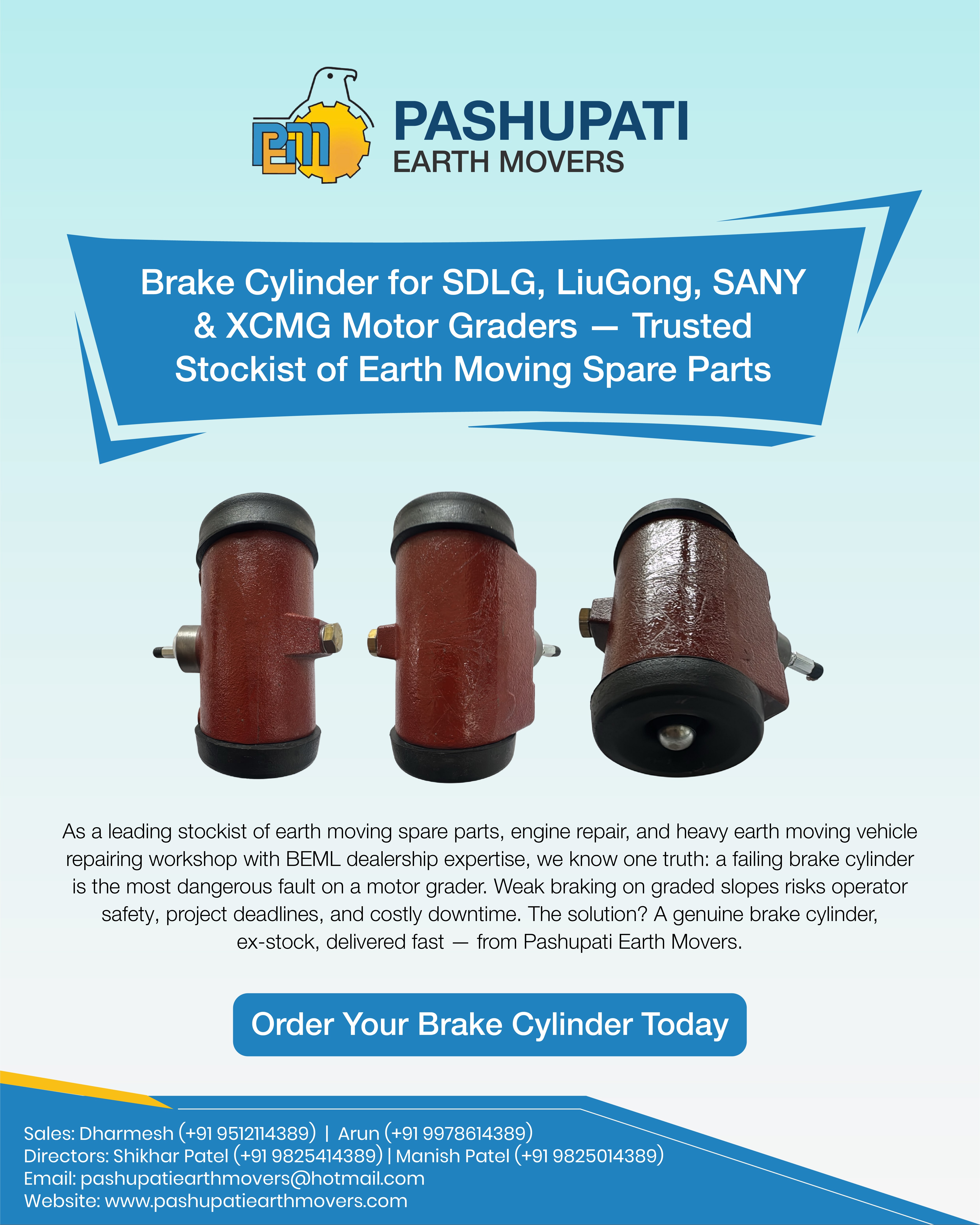 Brake Cylinder for SDLG, LiuGong, SANY & XCMG Motor Graders — Trusted Stockist of Earth Moving Spare
