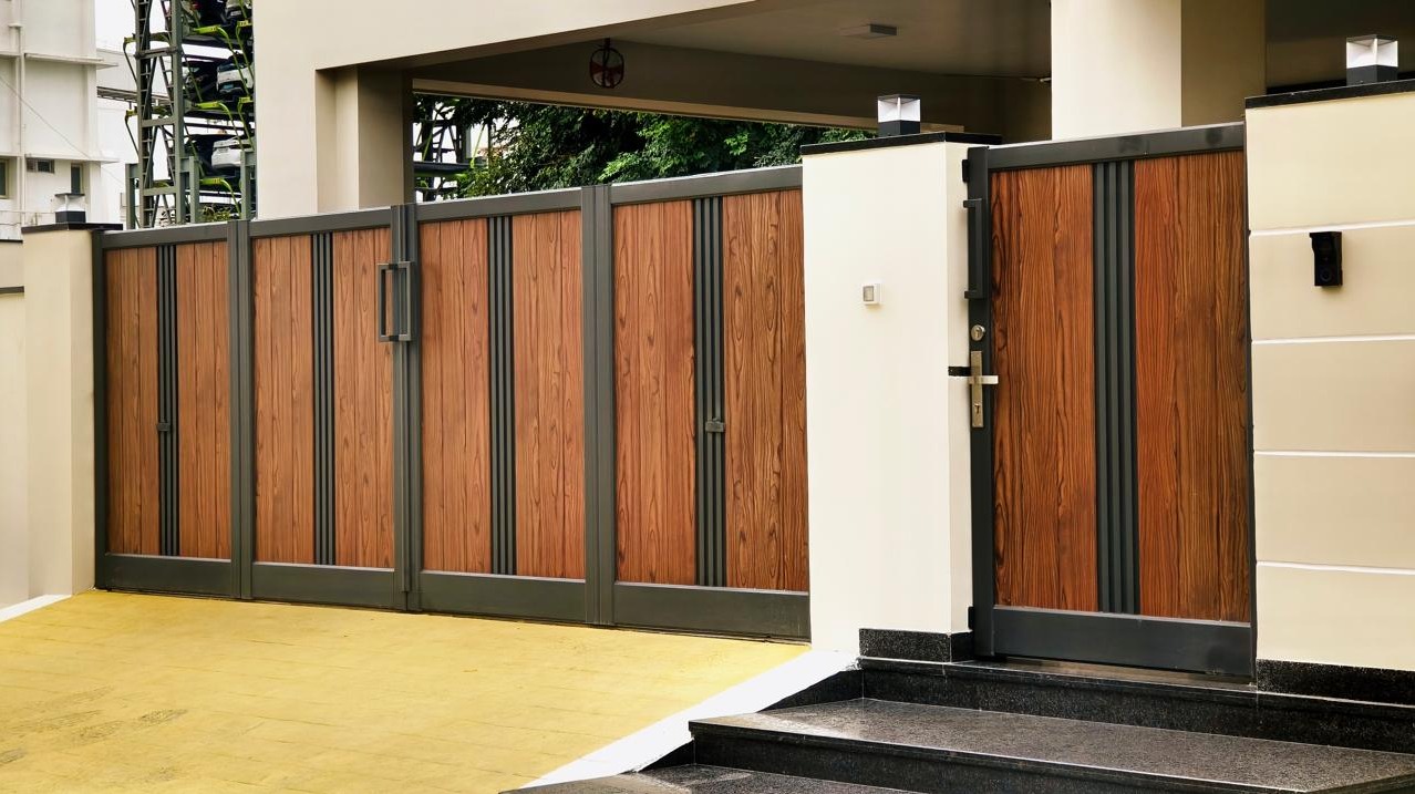 Premium Aluminium Bi-Folding & Wicket Gate | Wood Finish