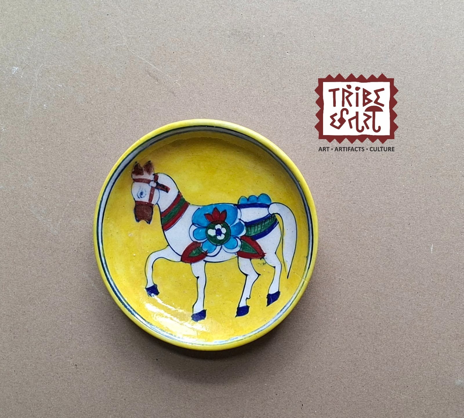 Jaipur Blue Pottery Decorative Plate — Handpainted horse motif Wall Art & Tabletop Décor