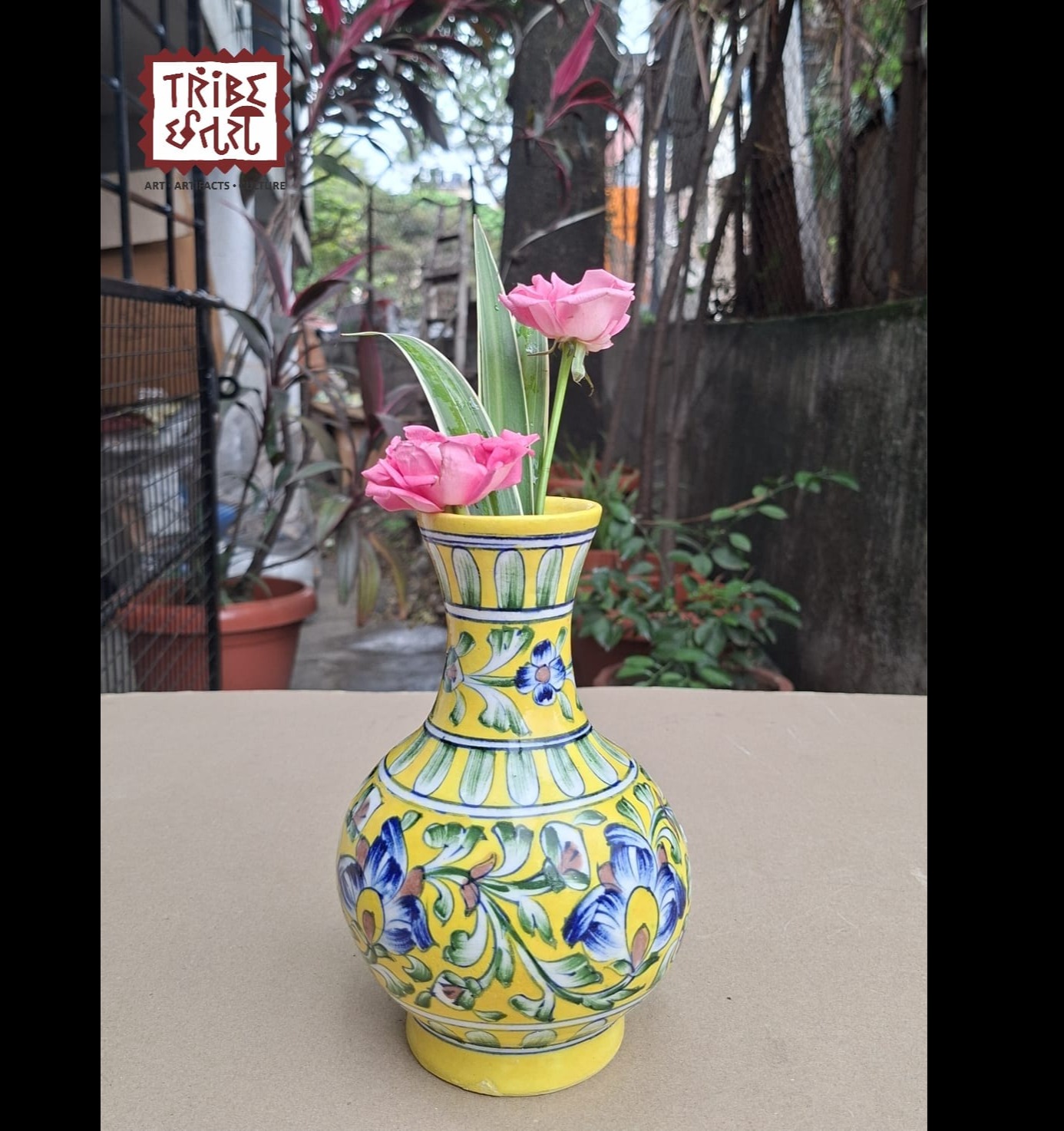 Sunshine & Blooms: Handpainted Jaipur Blue Pottery Vase