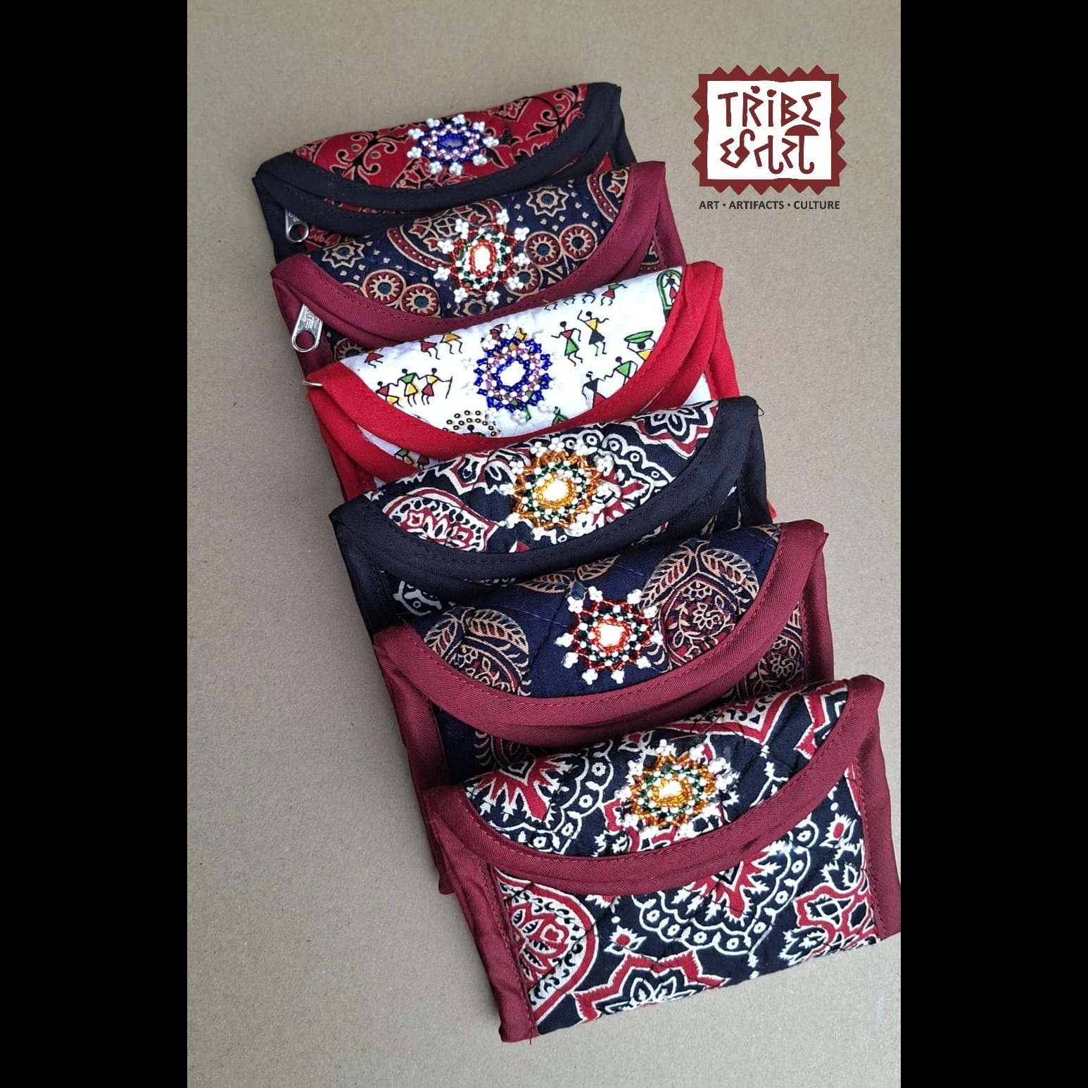 Ajrak hand block cotton bead work purses