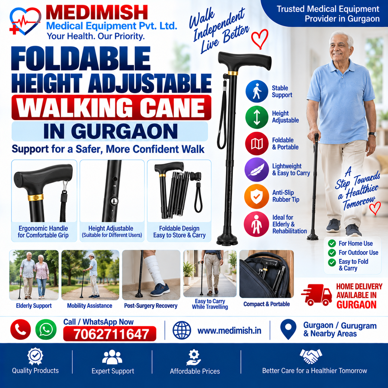 Foldable Height Adjustable Walking Cane | Walking Stick for Men, Women & Elderly