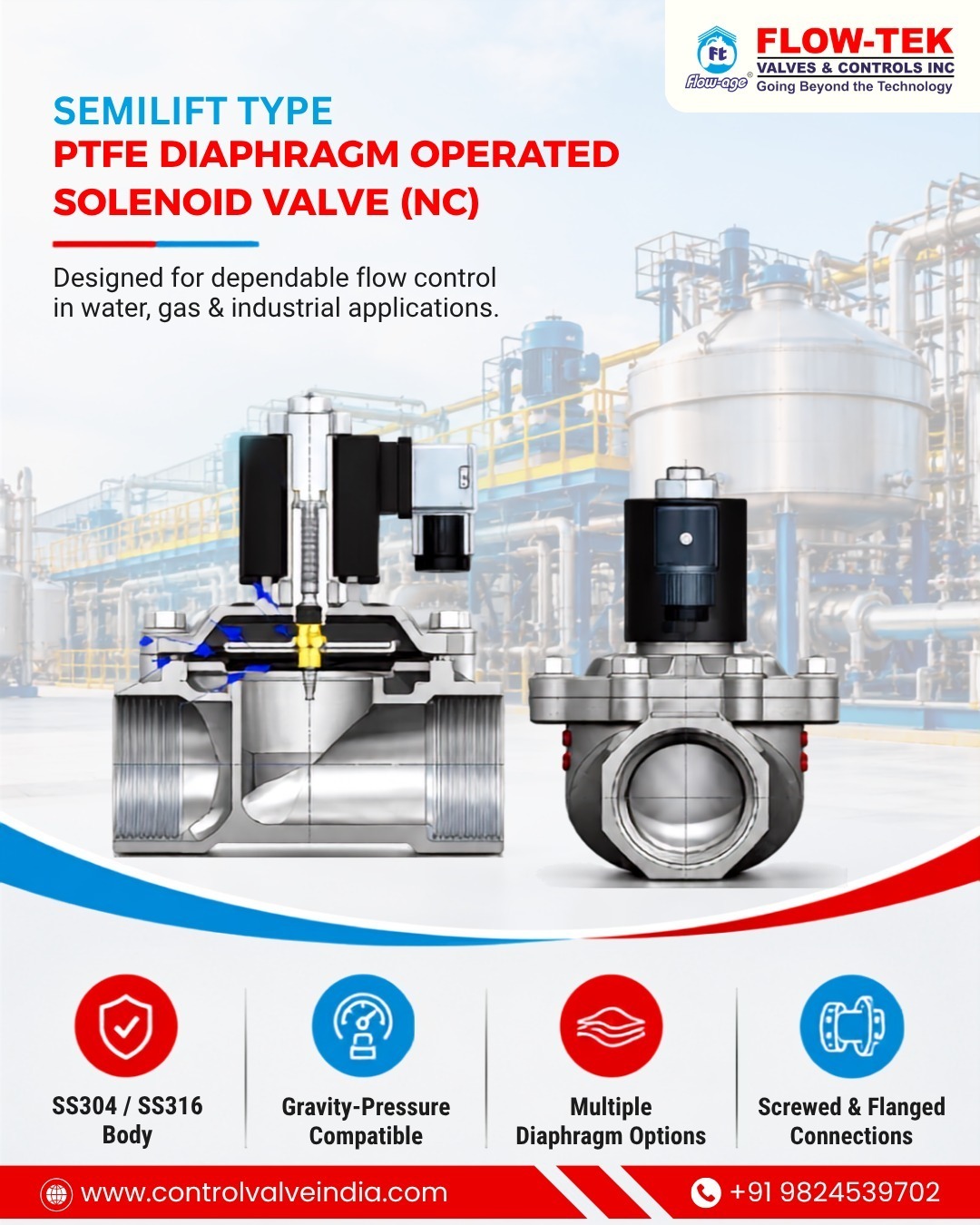 Semi Lift Diaphragm Operated PTFE Solenoid Valve