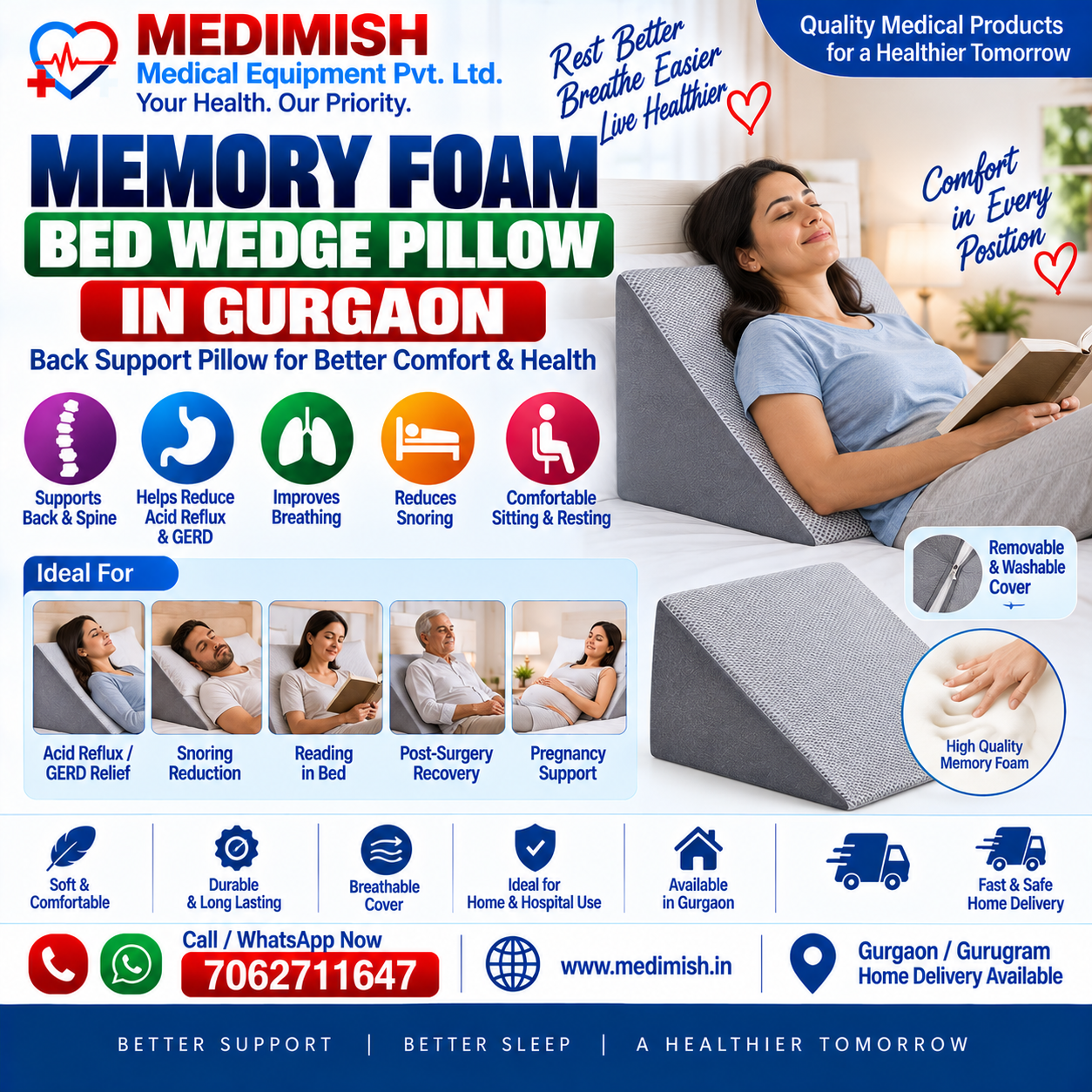 Memory Foam Bed Wedge Pillow in Gurgaon | Back Support Pillow
