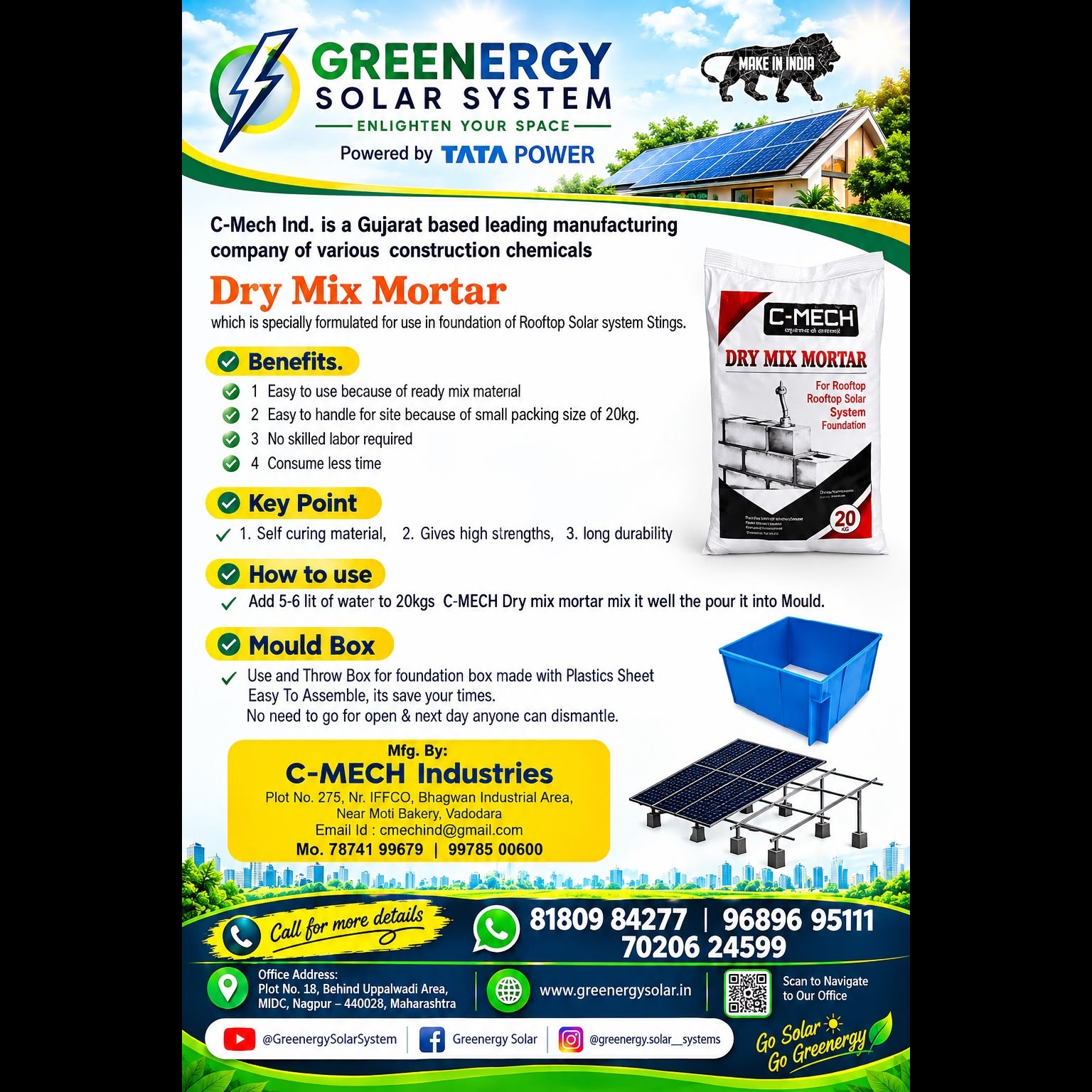 Rooftop Solar Foundation ke liye ab Dry Mix Mortar ka Smart Solution! ☀️🏗️
C-MECH Dry Mix Mortar —...