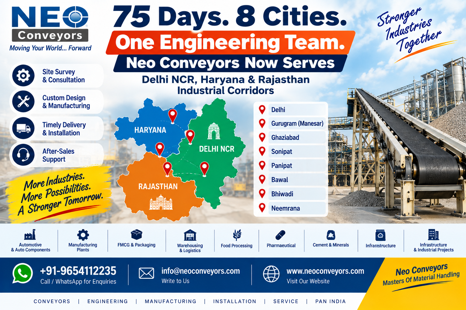 75 Days. 8 Cities. One Engineering Team. Neo Conveyors Now Serves Delhi NCR, Haryana & Rajasthan Ind