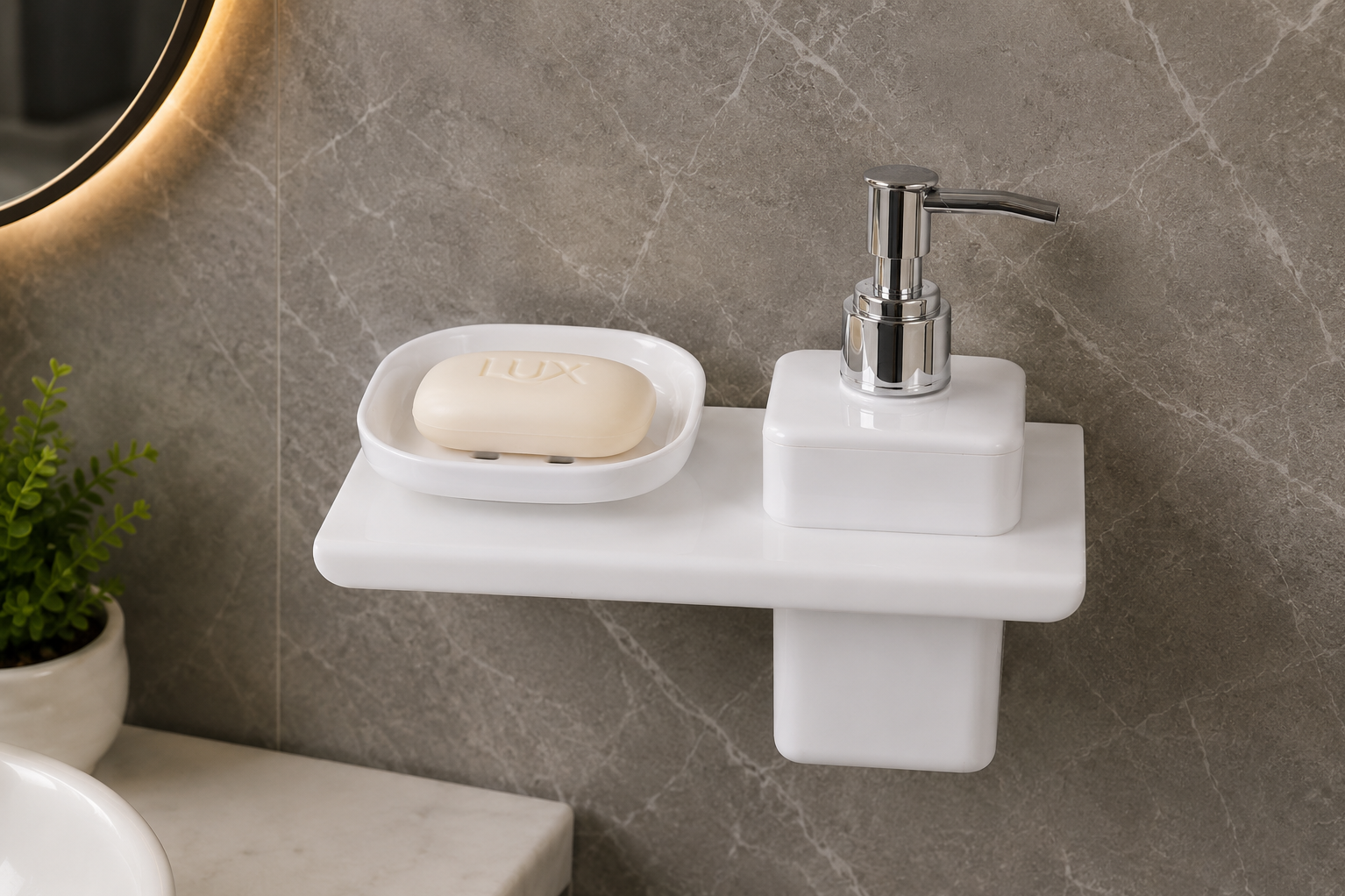 Acrylic soap dish with soap dispenser