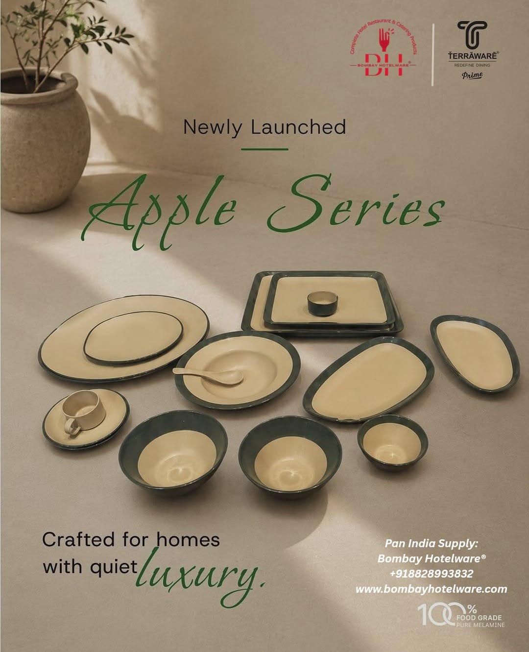 Apple Series – Moss Forest Green & Dessert Pure Melamine Serveware