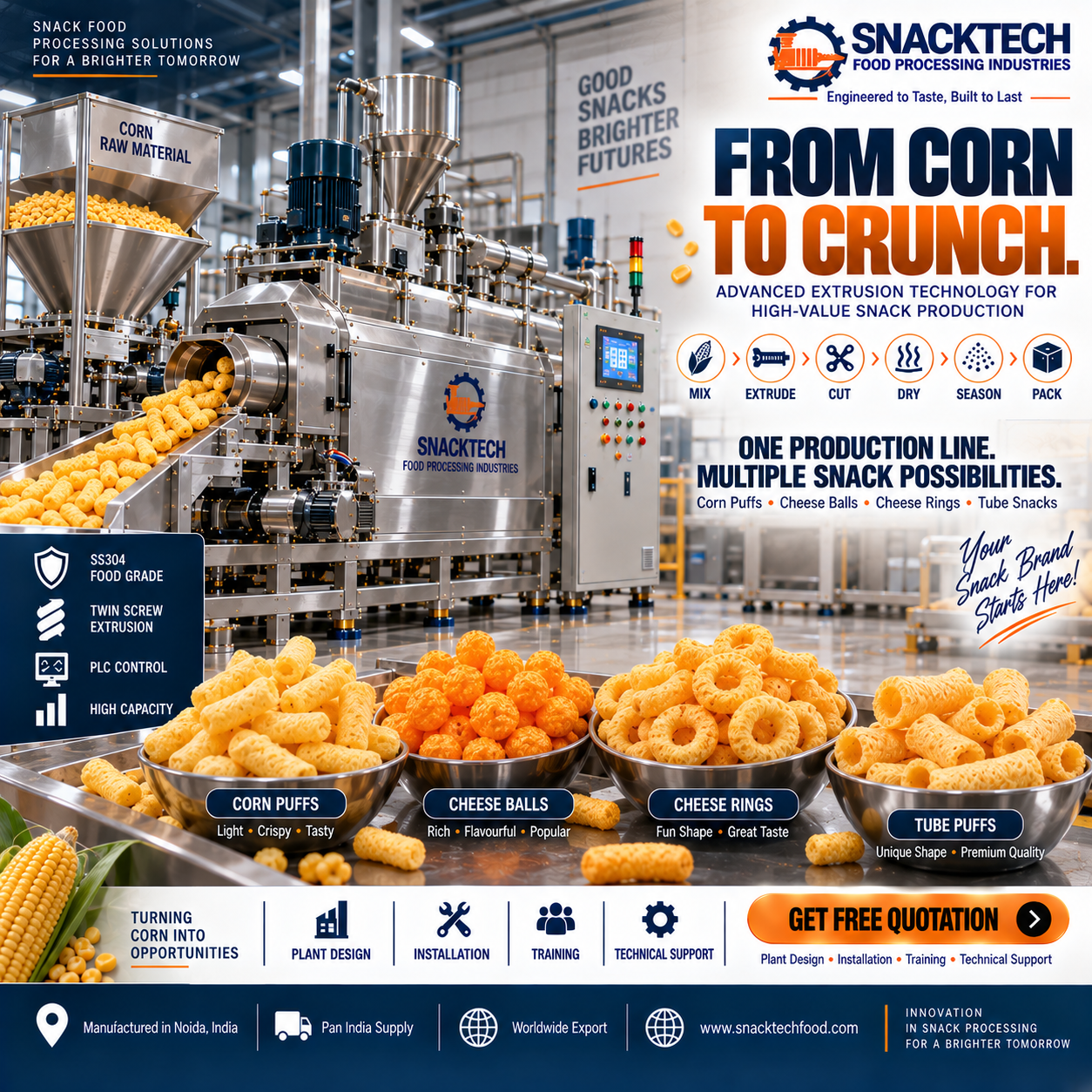 Puff Extruder Machine Manufacturer India | Automatic Corn Puff & Extruded Snack Plant