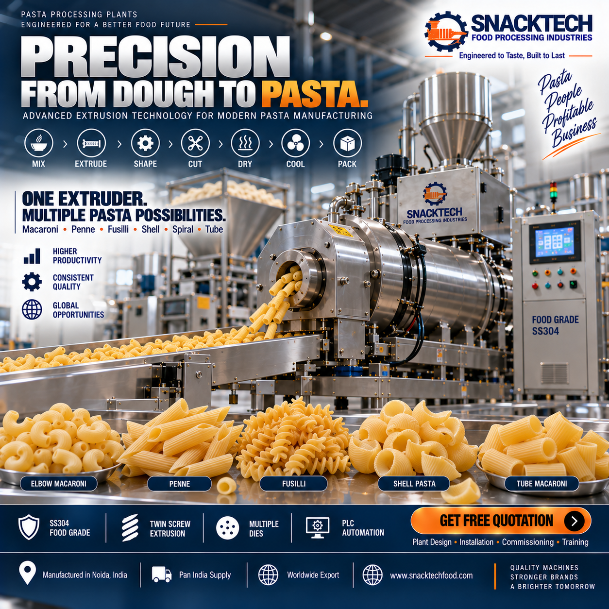 Pasta Extruder Manufacturer India | Automatic Pasta, Macaroni & Dry Pasta Production Plant
