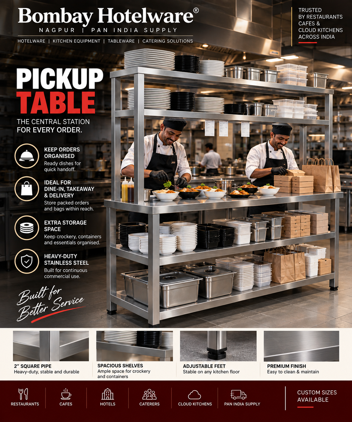 Stainless Steel Pickup Table for Commercial Kitchens | Kitchen Equipment supplier Nagpur